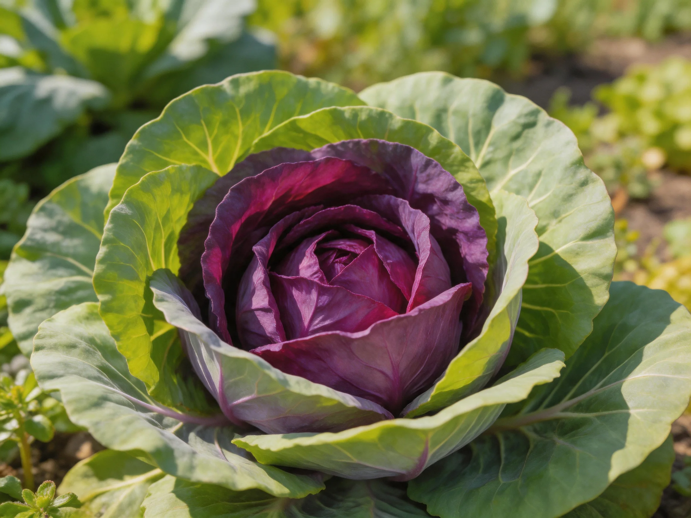 A vibrant purple cabbage surrounded by broad green leaves