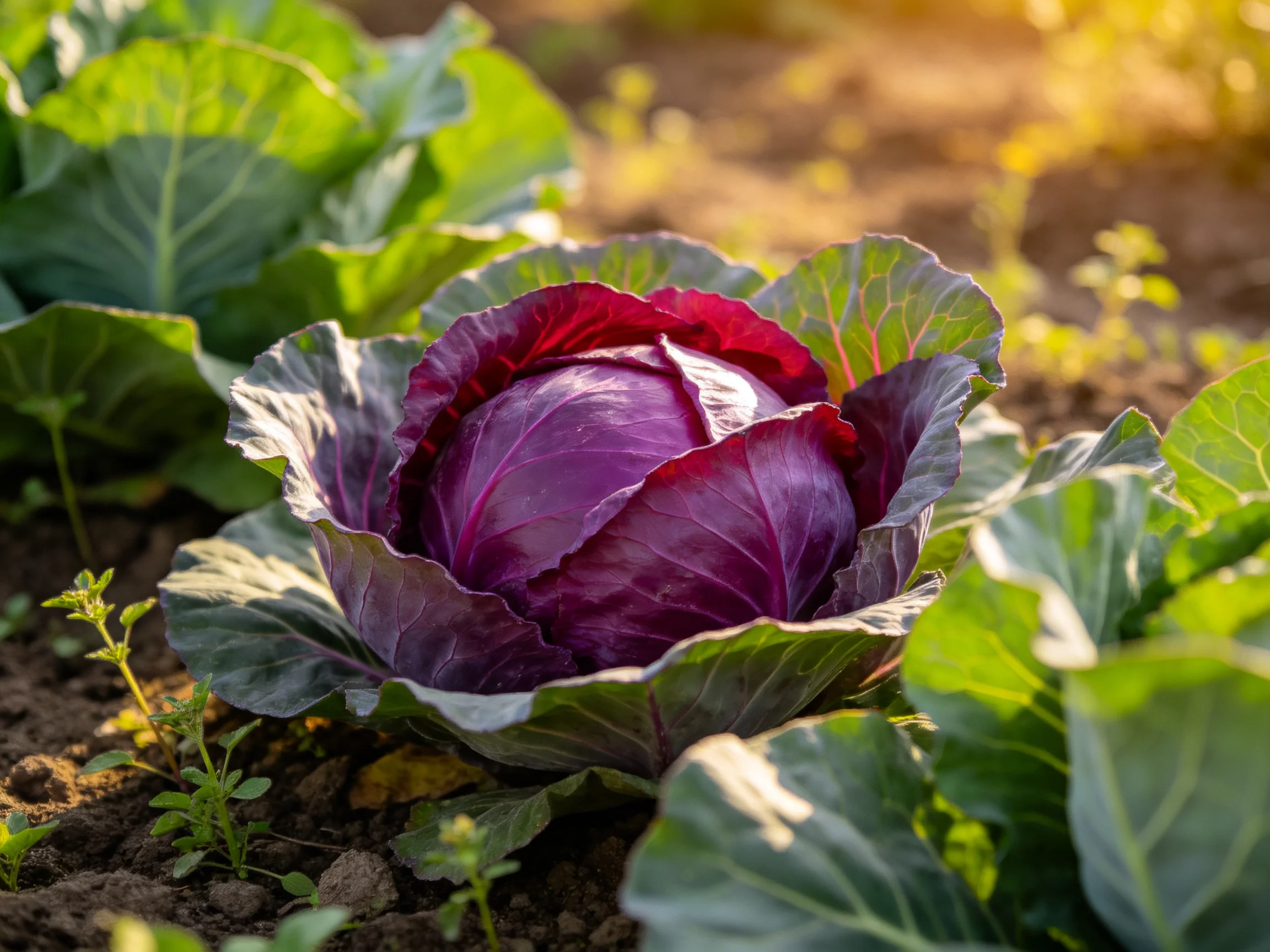 A vibrant purple cabbage surrounded by green leafy plants in a sun-drenched garden