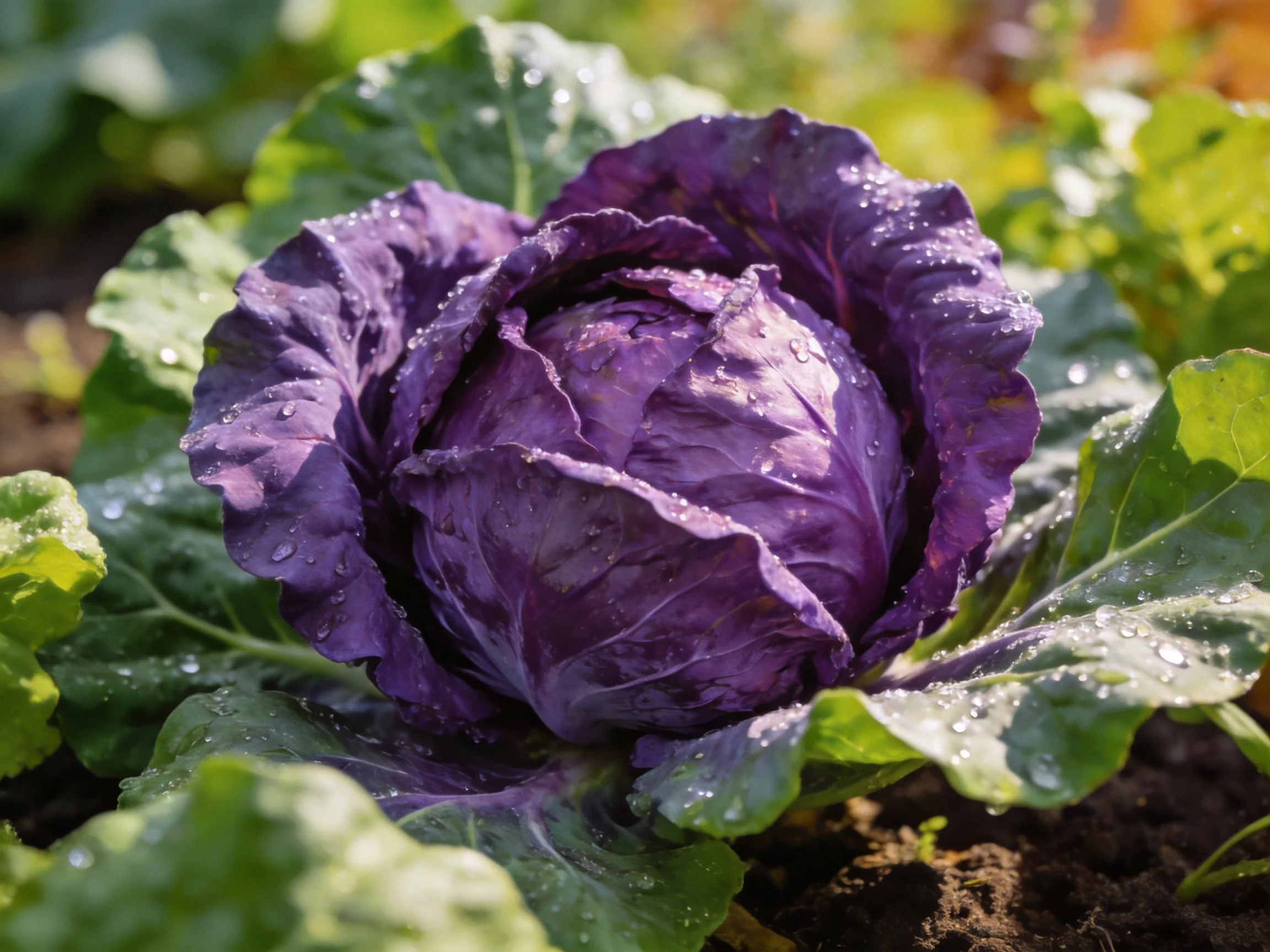 A vibrant purple cabbage with water droplets among green foliage