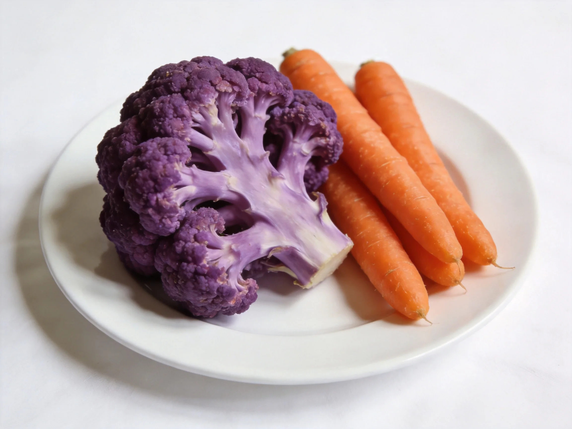 A vibrant purple cauliflower and four orange carrots arranged on a white plate