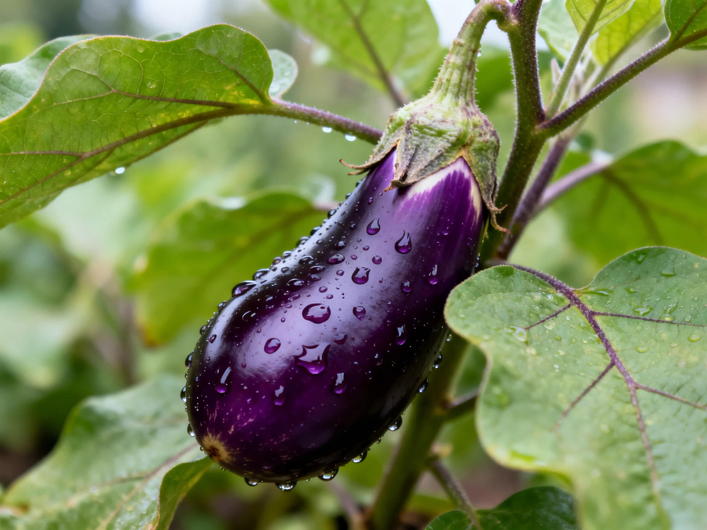 A vibrant purple eggplant with water droplets on green foliage