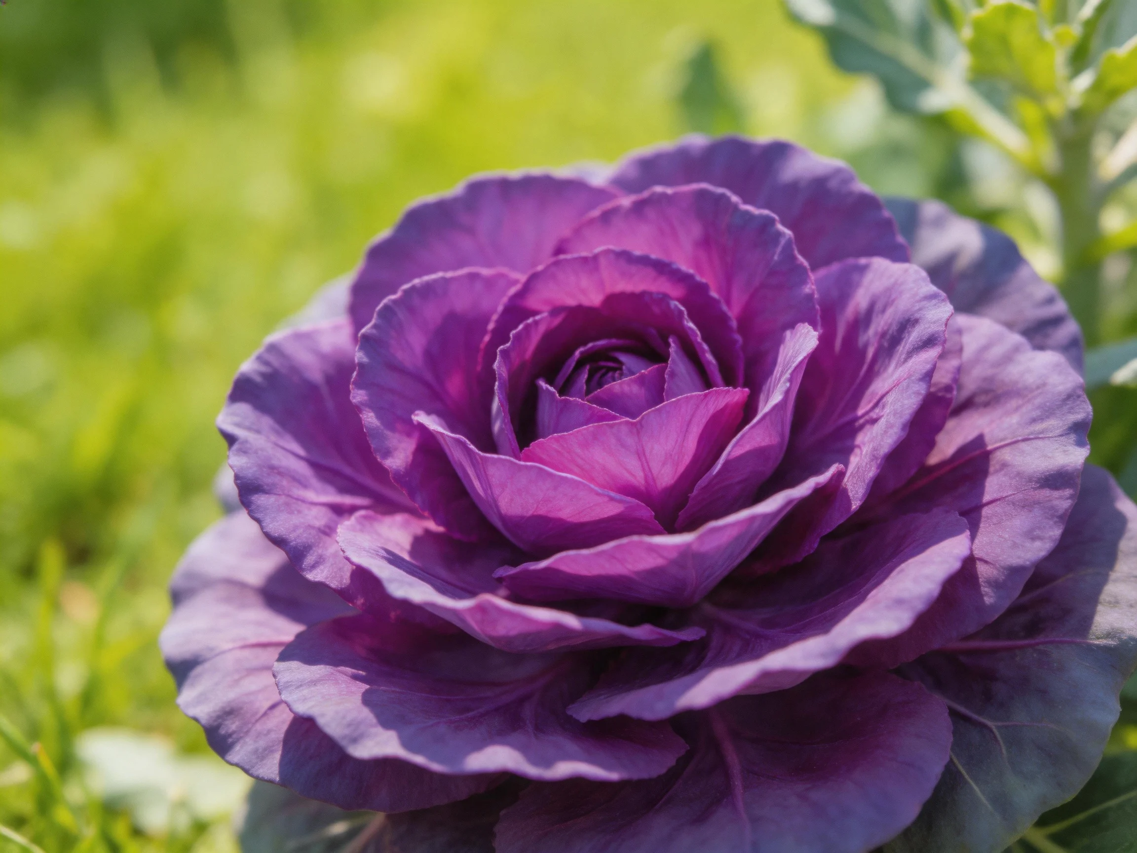 A vibrant purple ornamental cabbage with layered, ruffled leaves