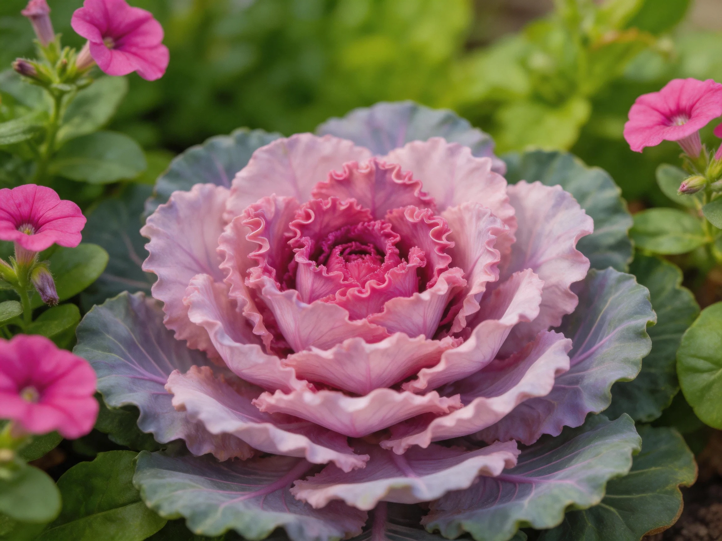 A vibrant purple-pink ornamental cabbage surrounded by pink flowers and green foliage