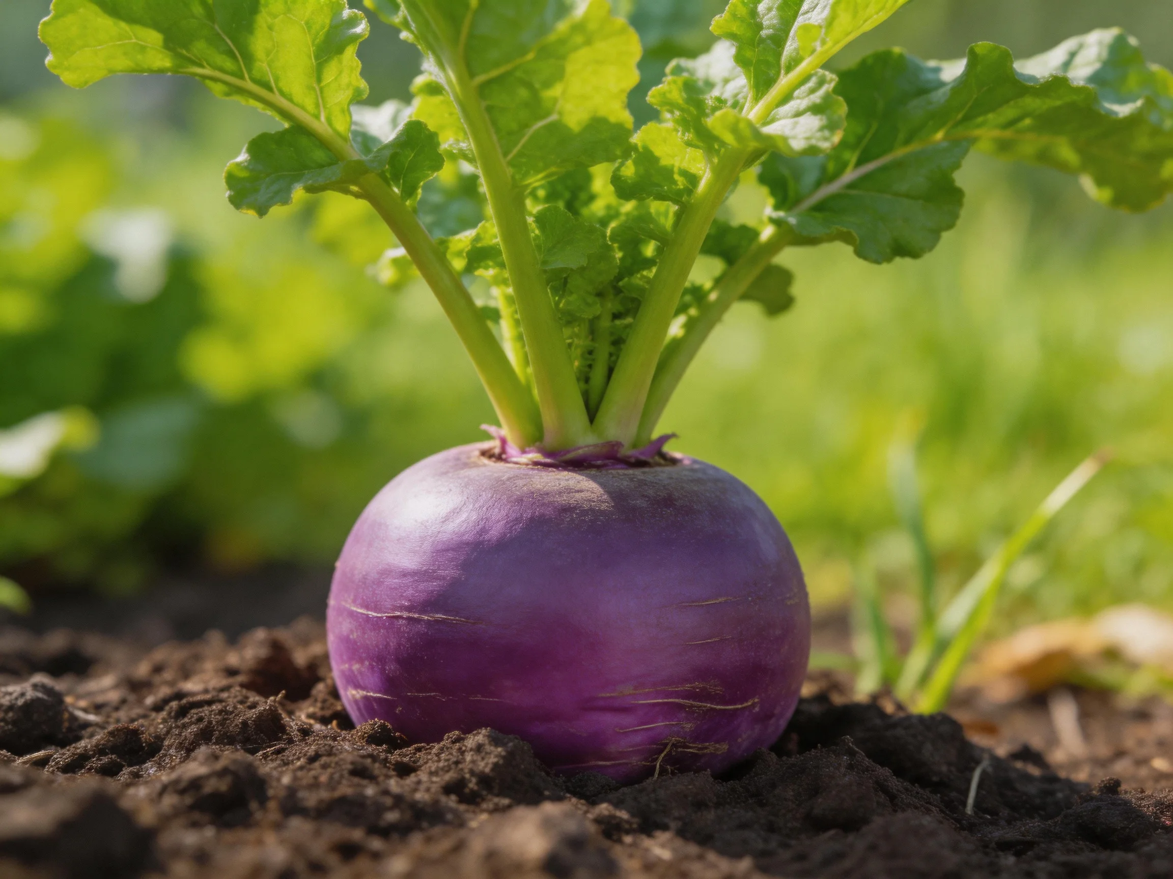 A vibrant purple root vegetable growing in dark soil with lush green foliage