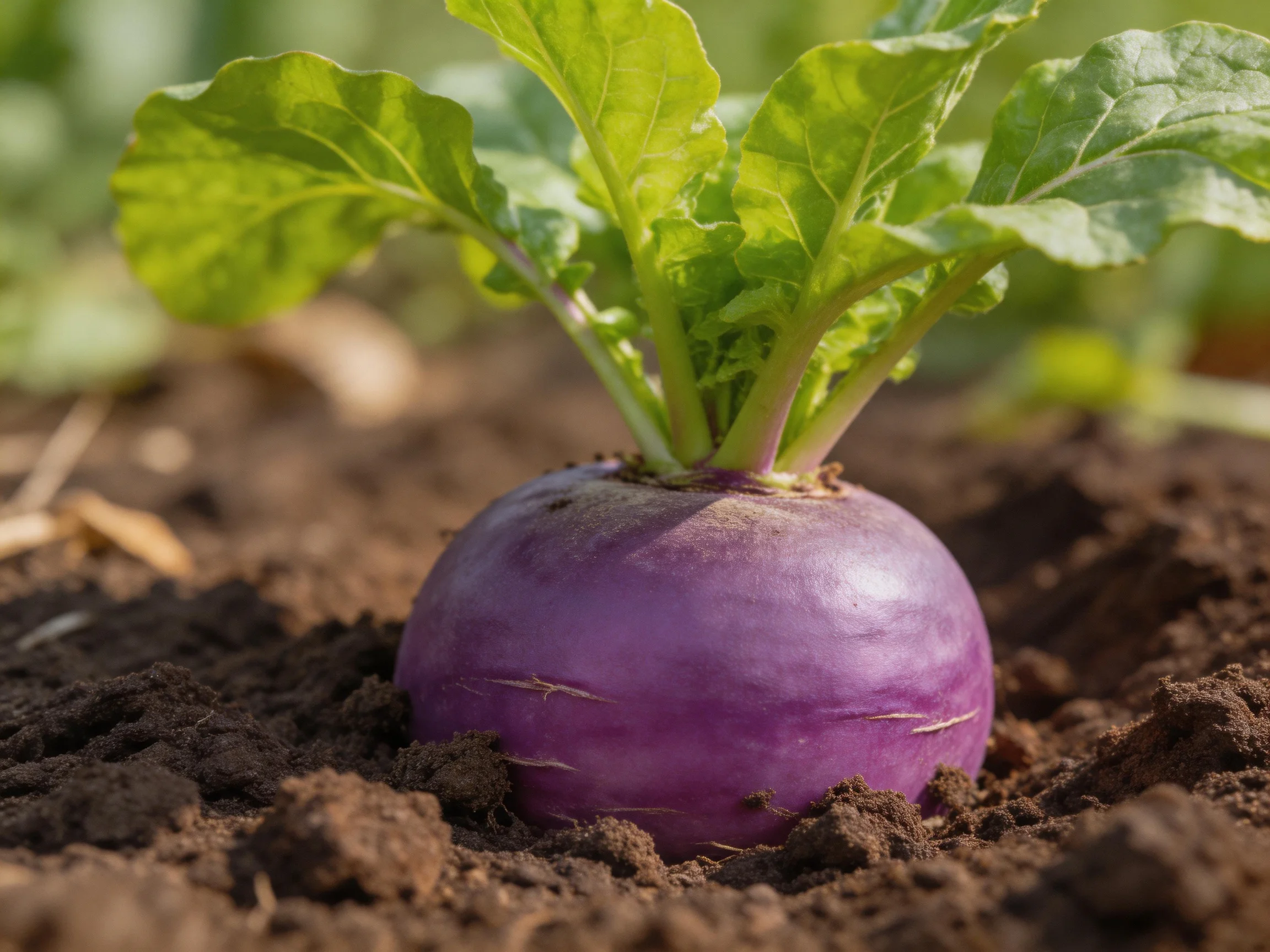 A vibrant purple round vegetable with lush green leaves growing in dark brown soil