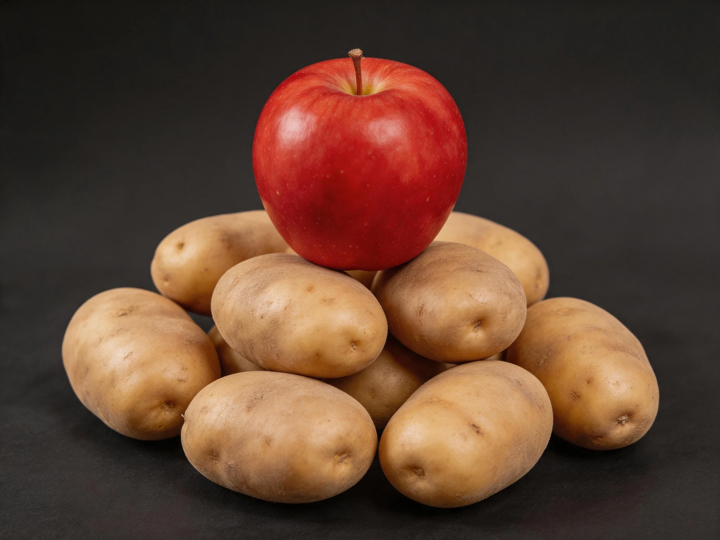 A vibrant red apple atop a cluster of light brown potatoes against a dark backdrop