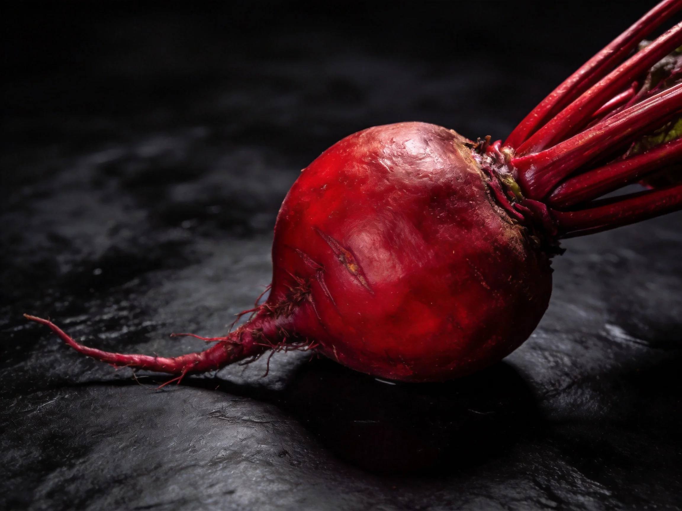 A vibrant red beetroot with long stems on a dark textured surface