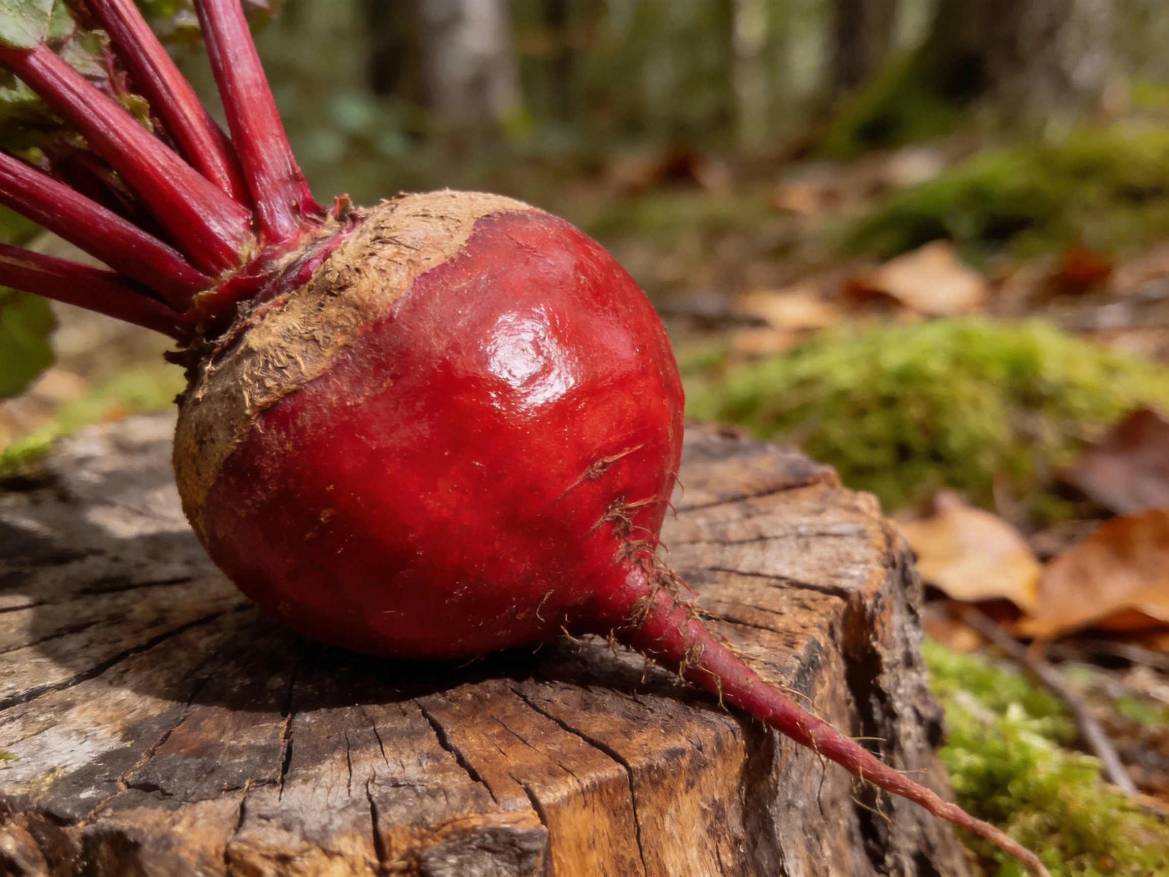 A vibrant red beetroot with long stems rests on a weathered tree stump in a forest clearing