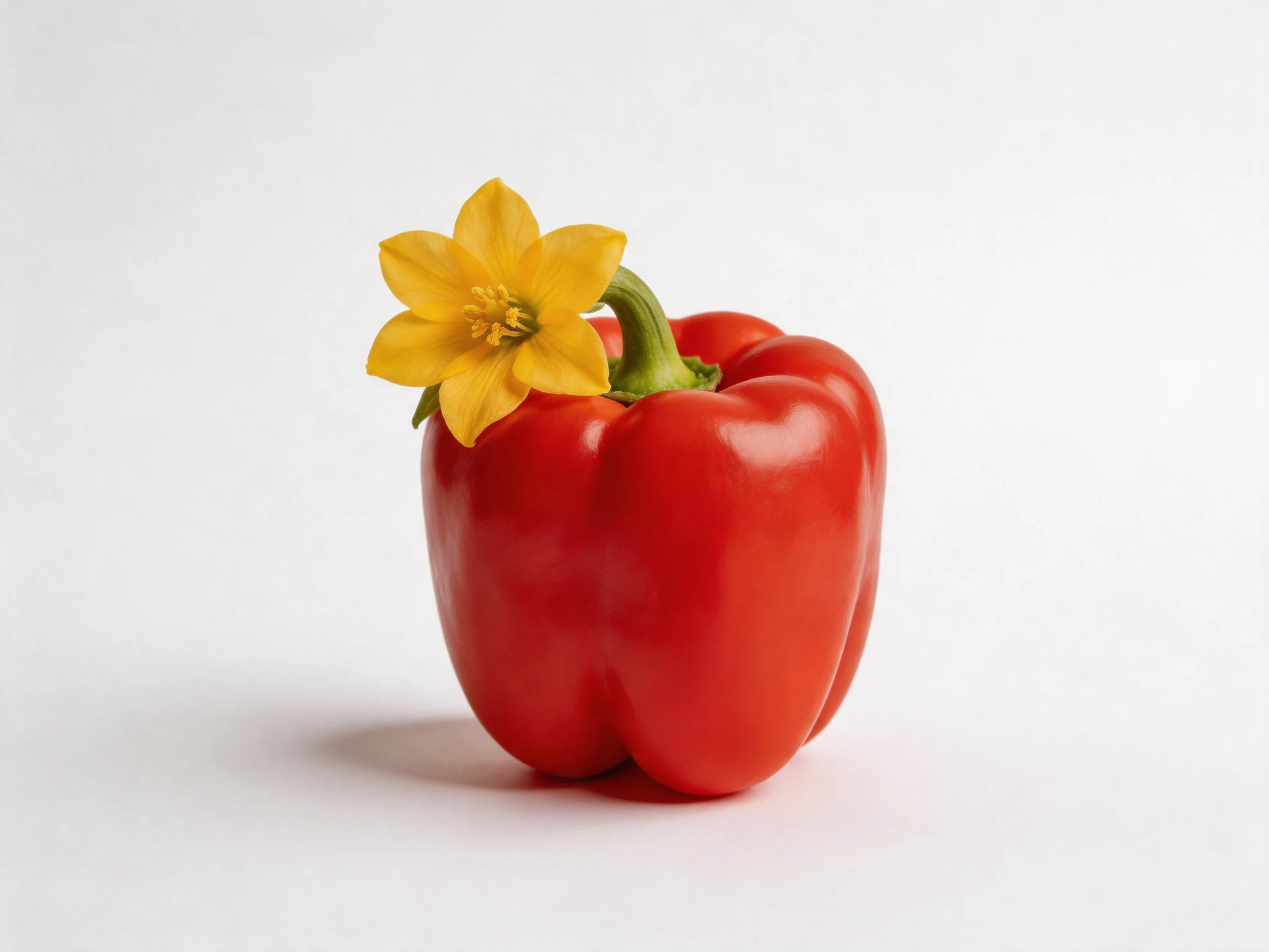 A vibrant red bell pepper adorned with a bright yellow flower