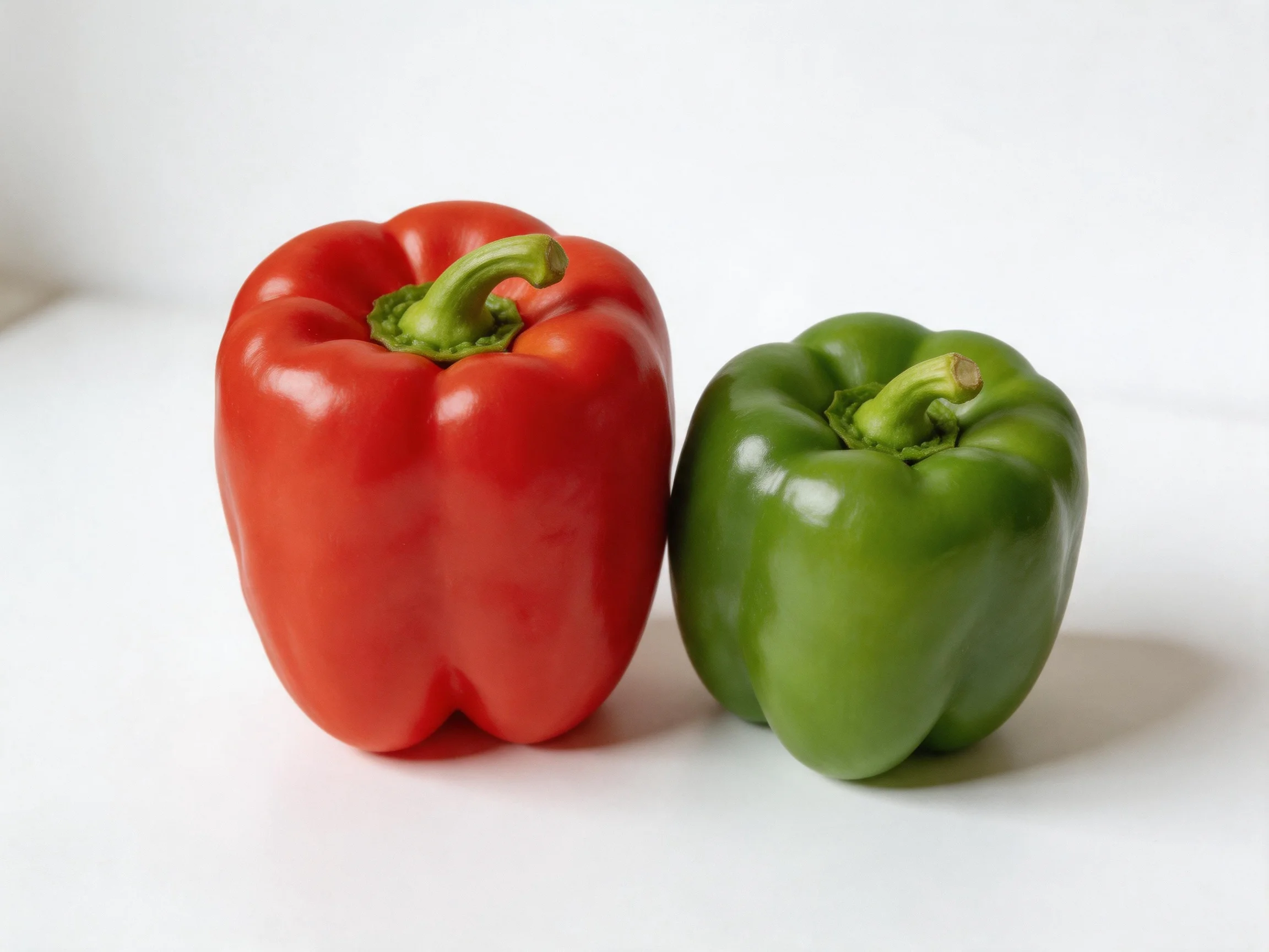 A vibrant red bell pepper and a glossy green bell pepper positioned on a plain white surface.