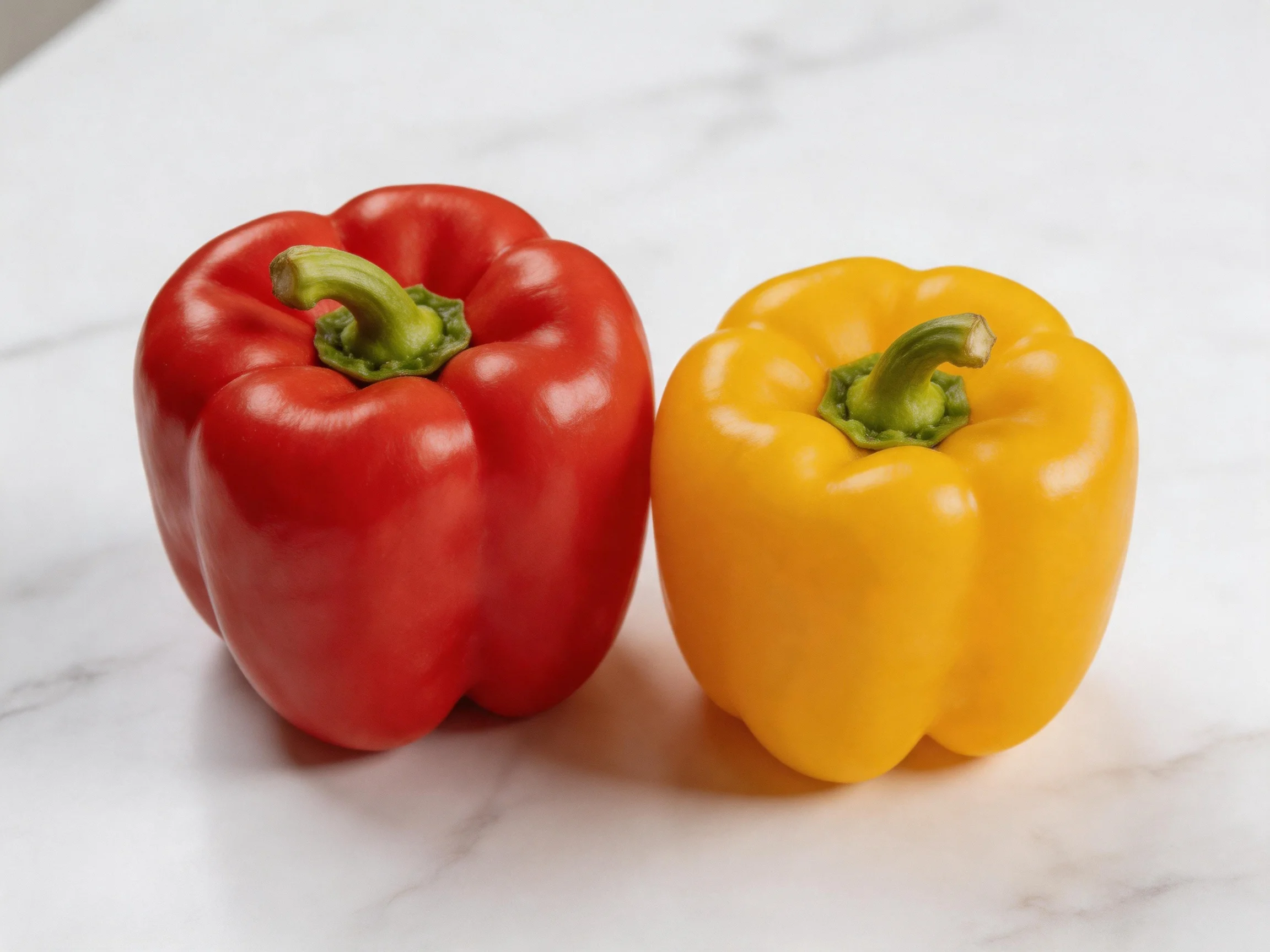A vibrant red bell pepper and a sunny yellow bell pepper sit side byside on a white marble countertop