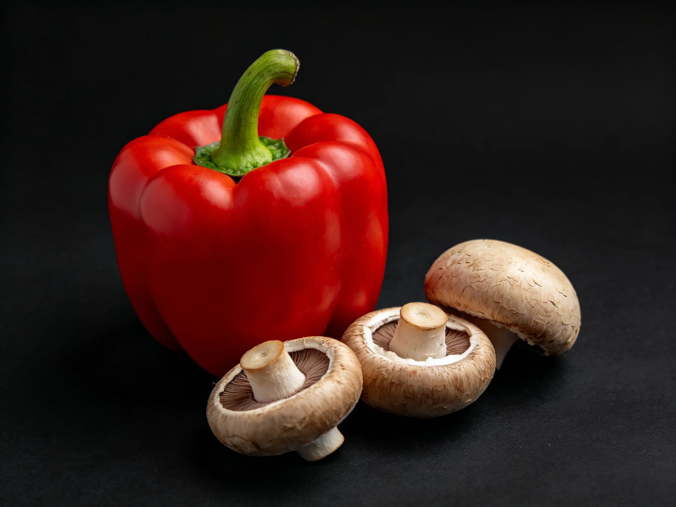 A vibrant red bell pepper beside three brown button mushrooms
