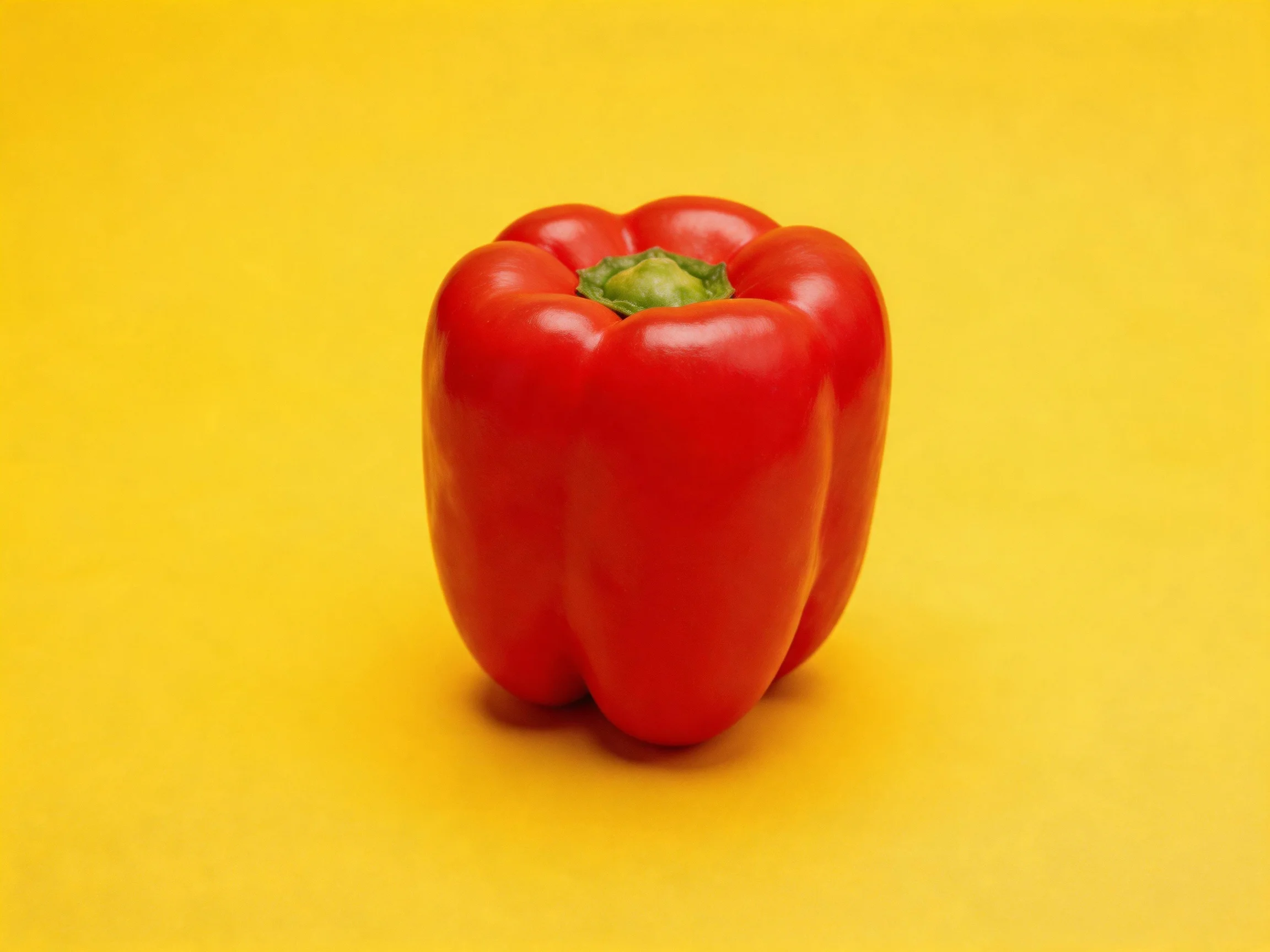 A vibrant red bell pepper centered against a solid yellow backdrop