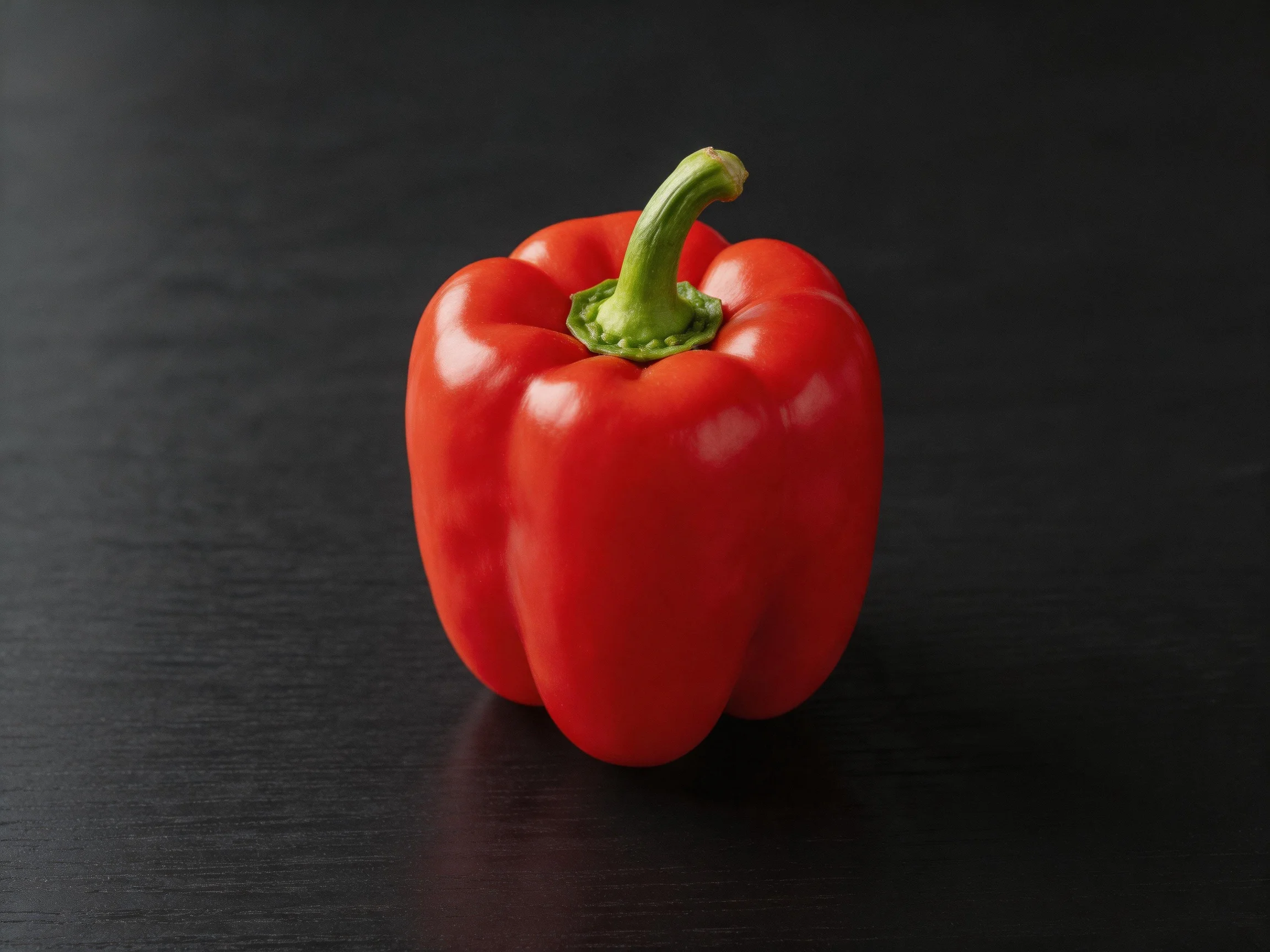 A vibrant red bell pepper centered on a dark wooden surface