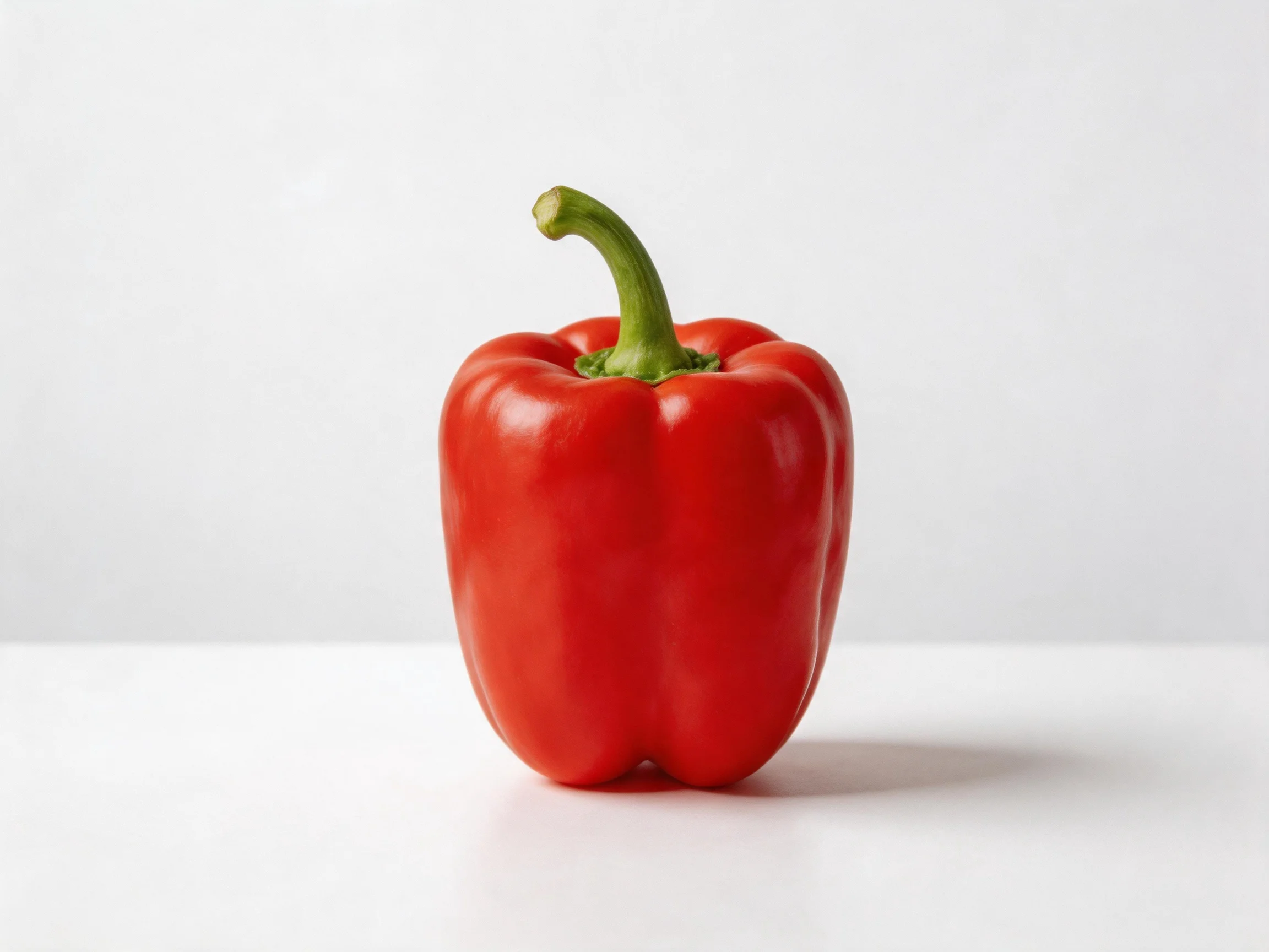 A vibrant red bell pepper centered on a plain white surface