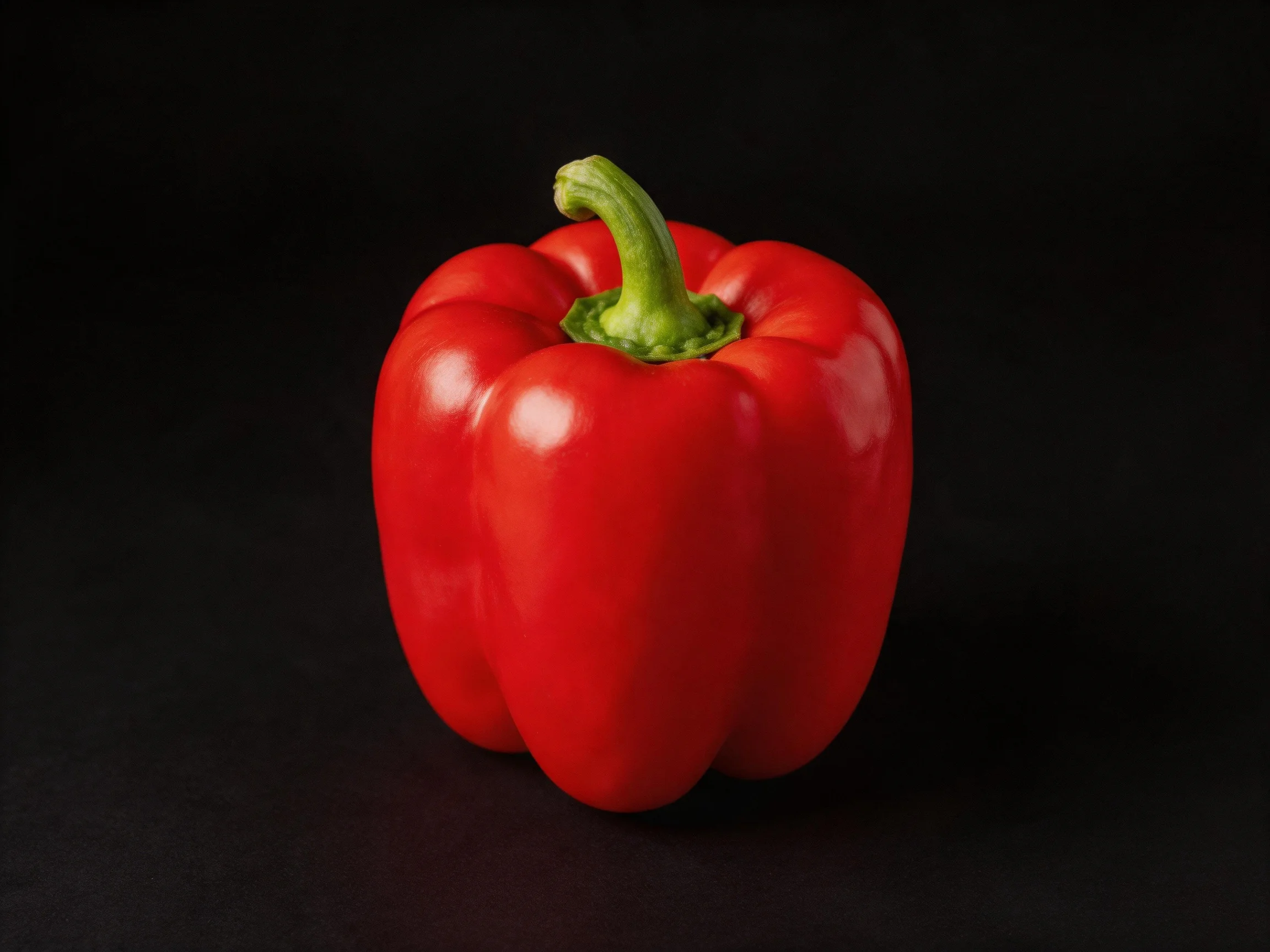 A vibrant red bell pepper centered on a solid black background