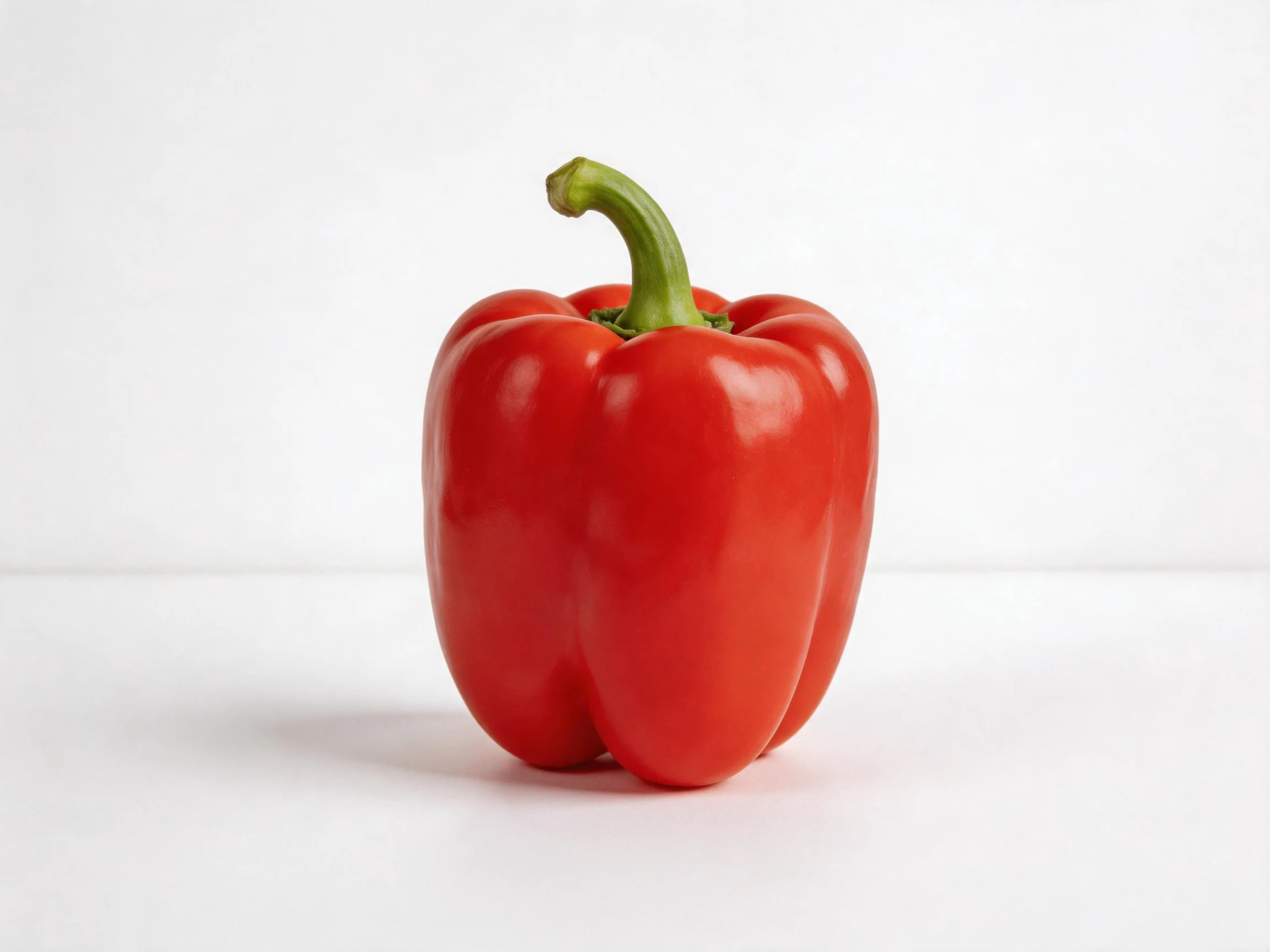 A vibrant red bell pepper centered on a stark white background