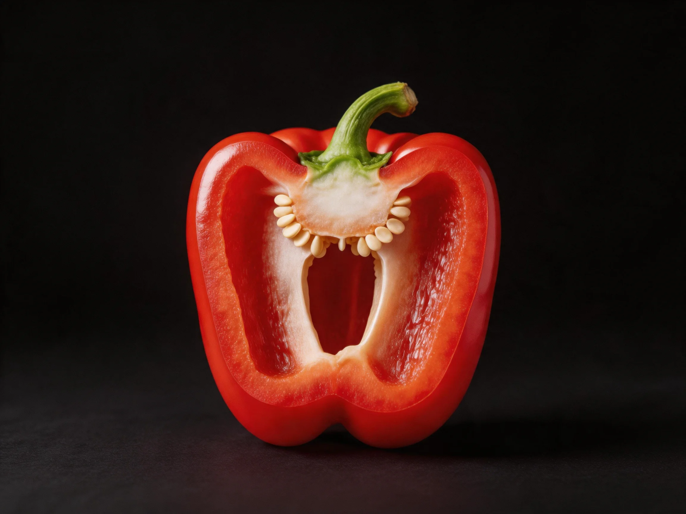 A vibrant red bell pepper cut in half, revealing seeds and inner flesh