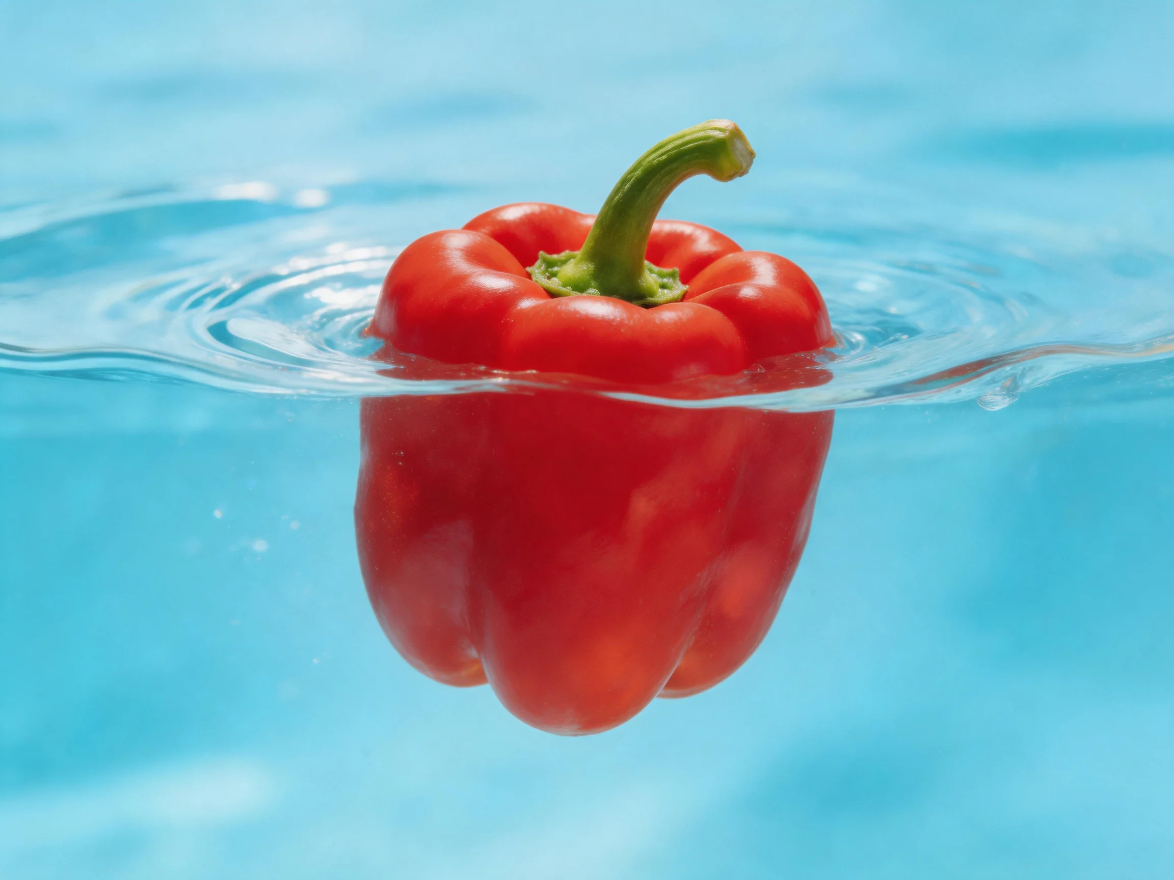 A vibrant red bell pepper floating in clear blue water