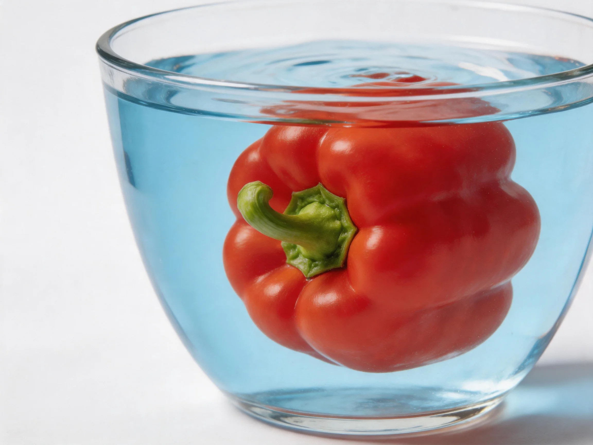 A vibrant red bell pepper floats in a clear glass of blue water