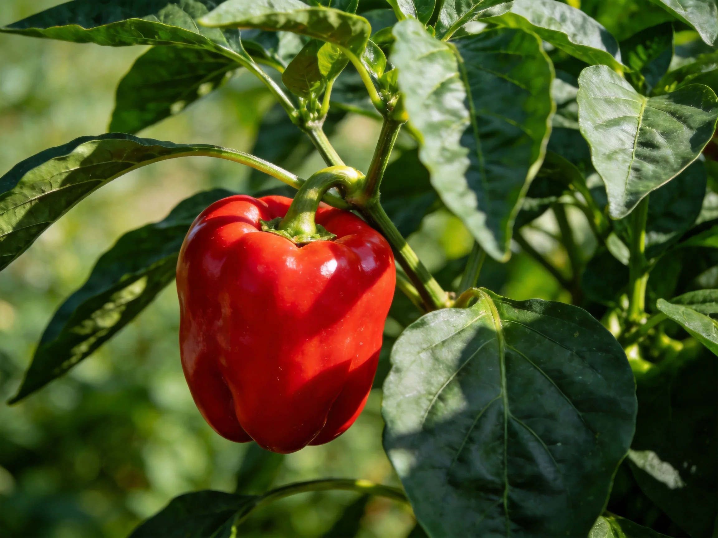 A vibrant red bell pepper growing amid lush green foliage