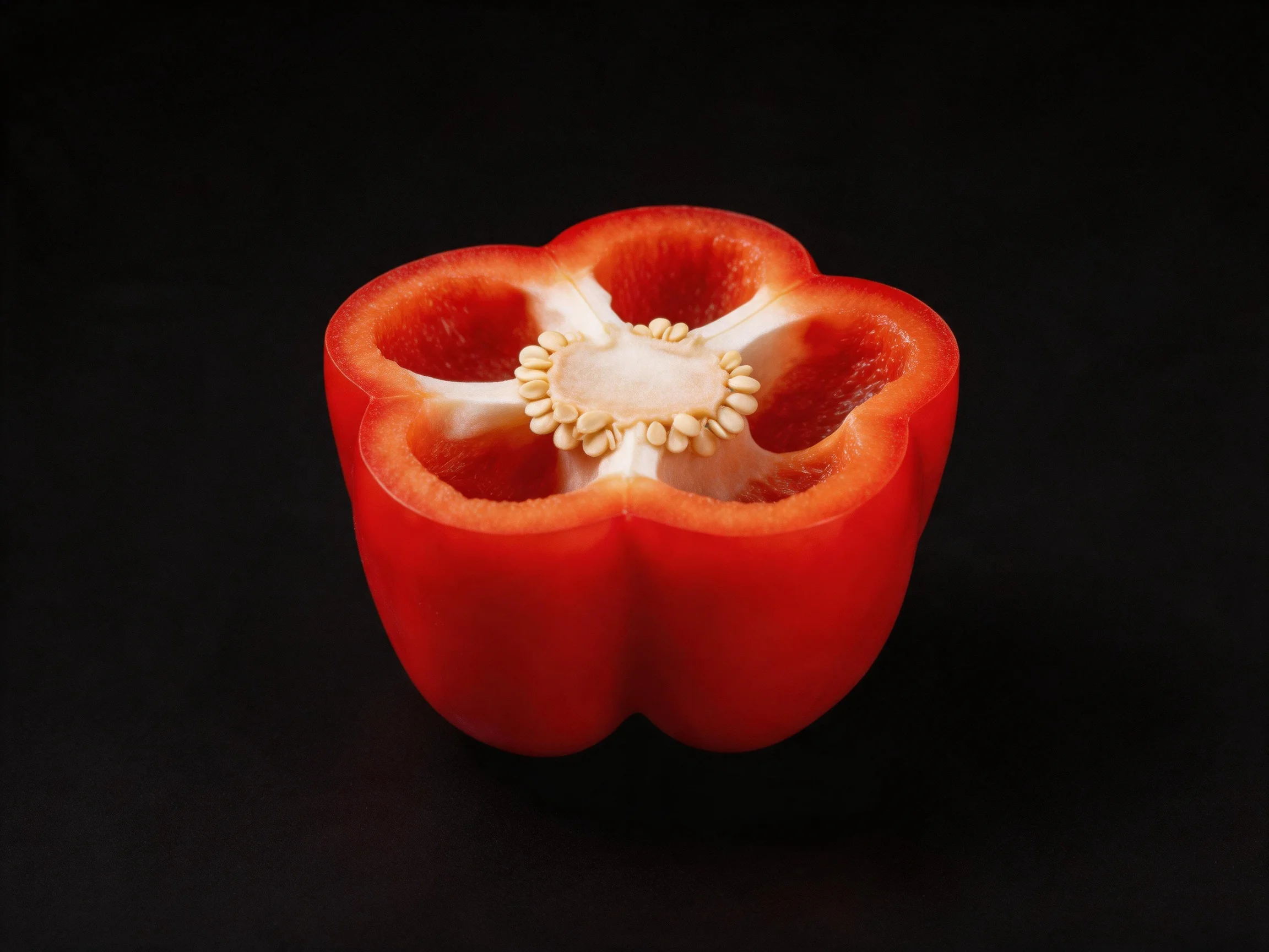 A vibrant red bell pepper halved on a black background
