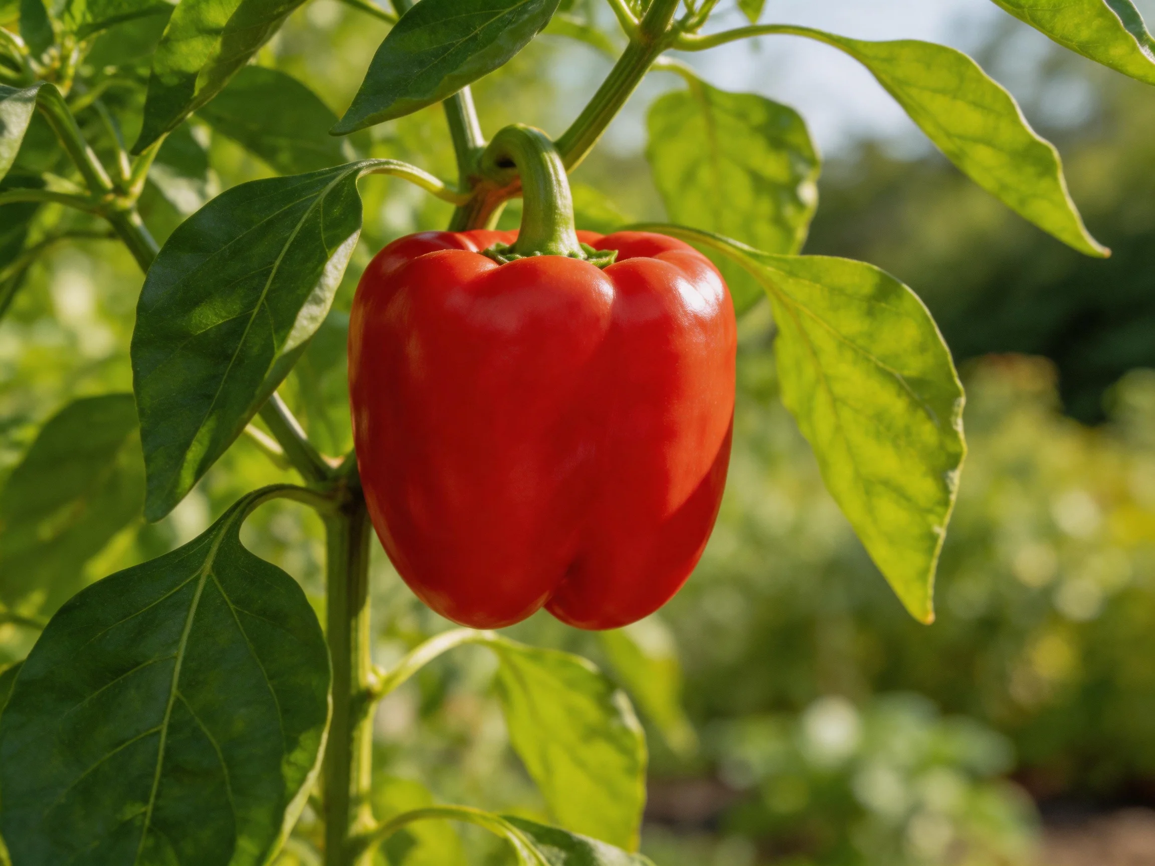 A vibrant red bell pepper hanging from a leafy plant in natural sunlight