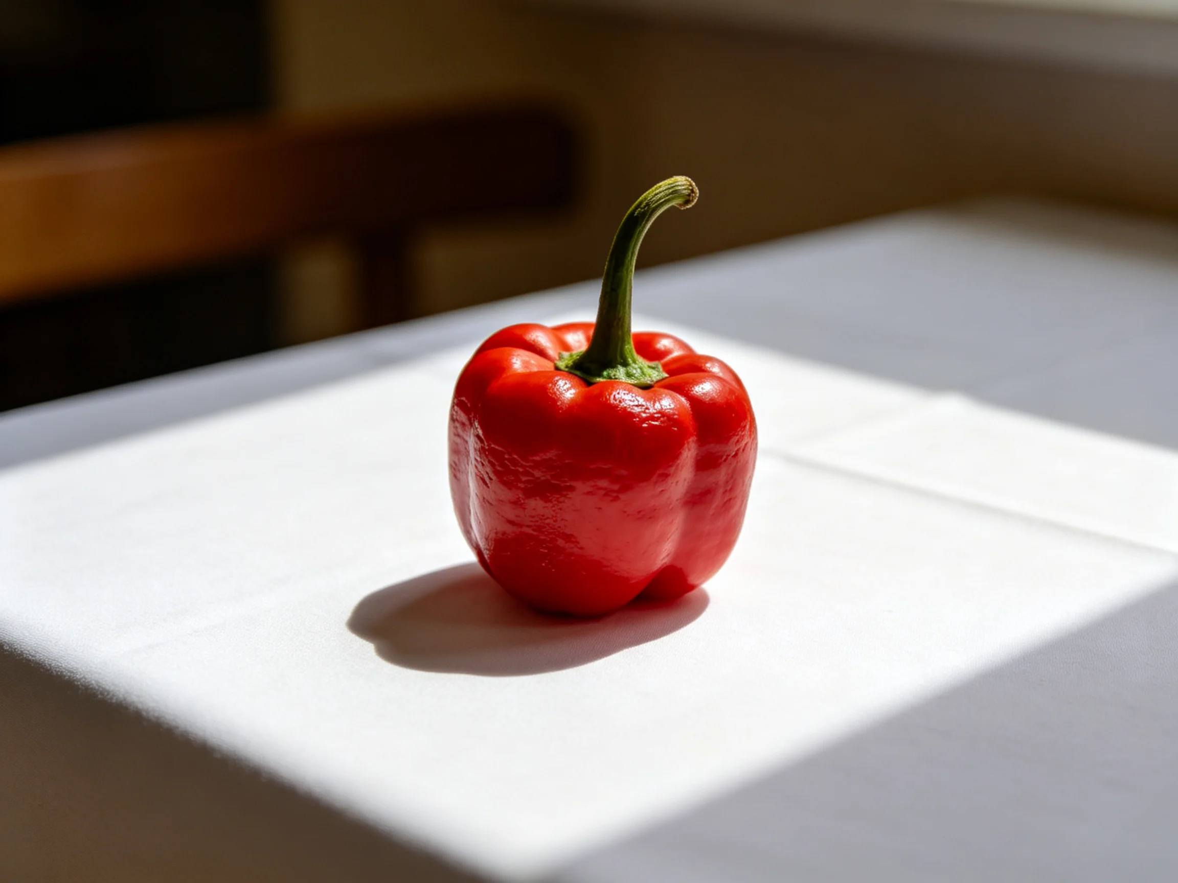 A vibrant red bell pepper positioned on a white cloth-covered table