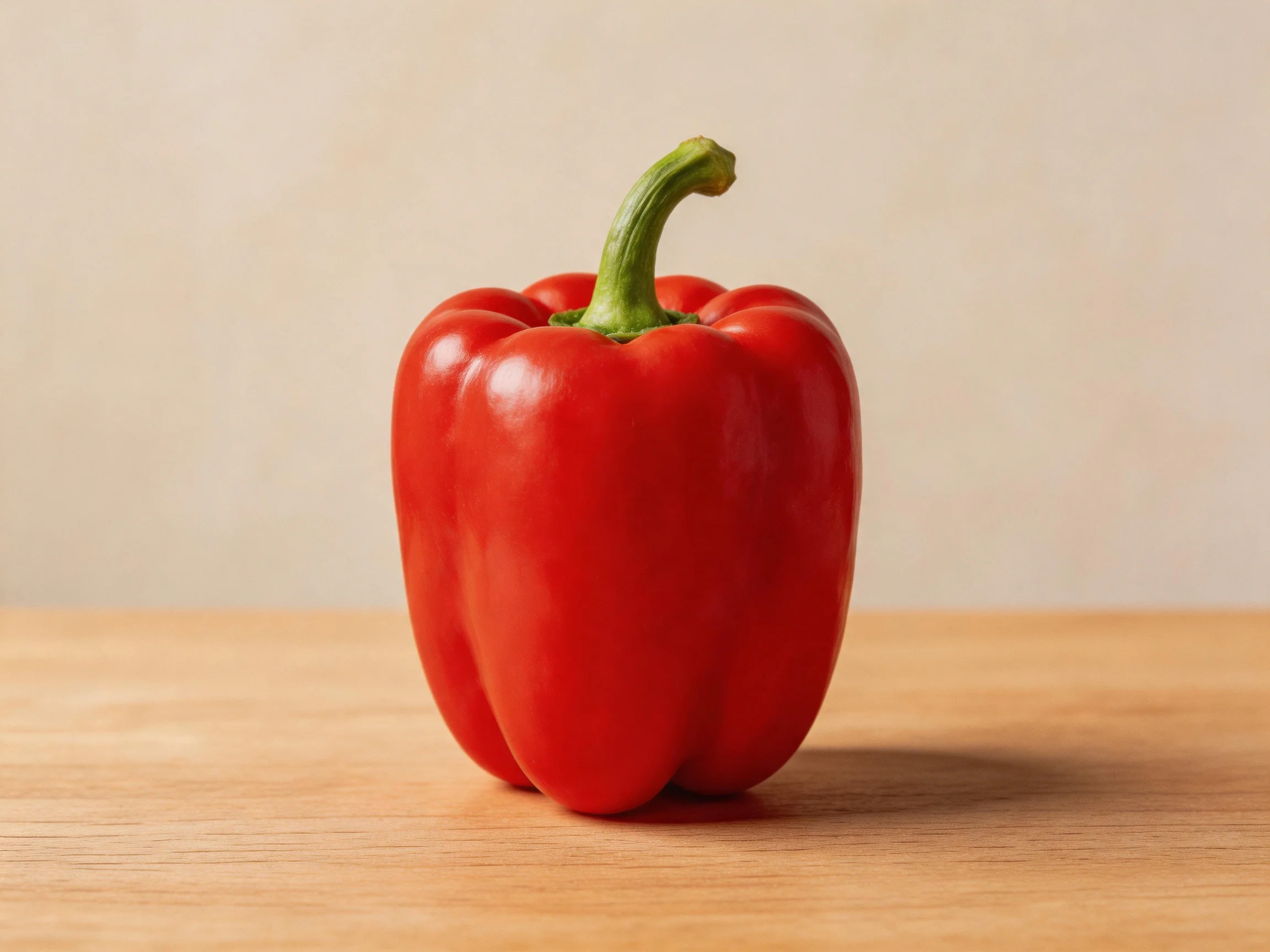 A vibrant red bell pepper positioned on a wooden surface