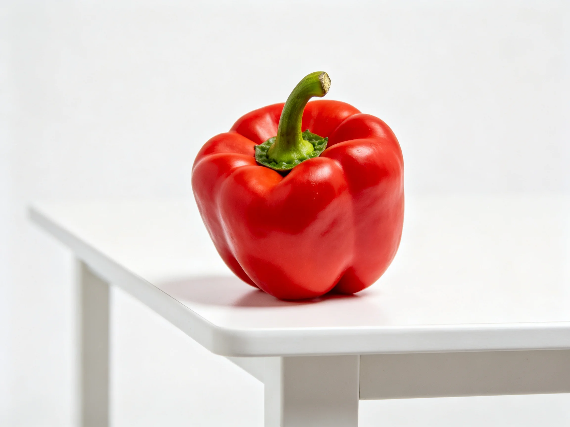 A vibrant red bell pepper resting on a minimalist white table
