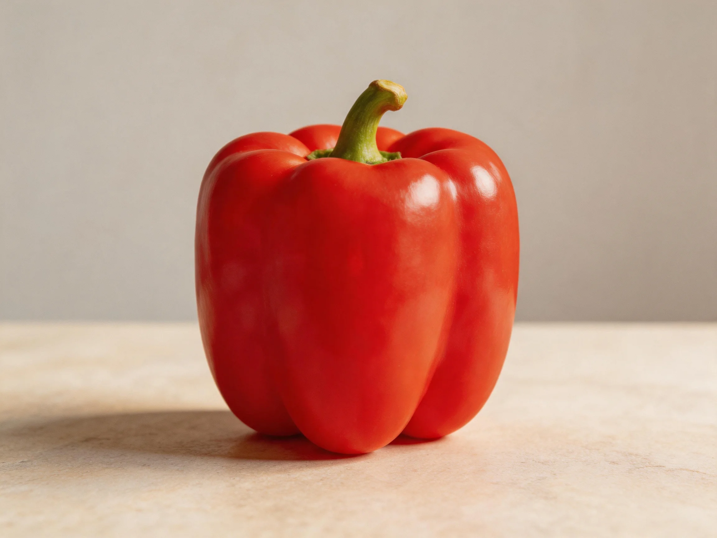 A vibrant red bell pepper rests on a smooth, neutral surface