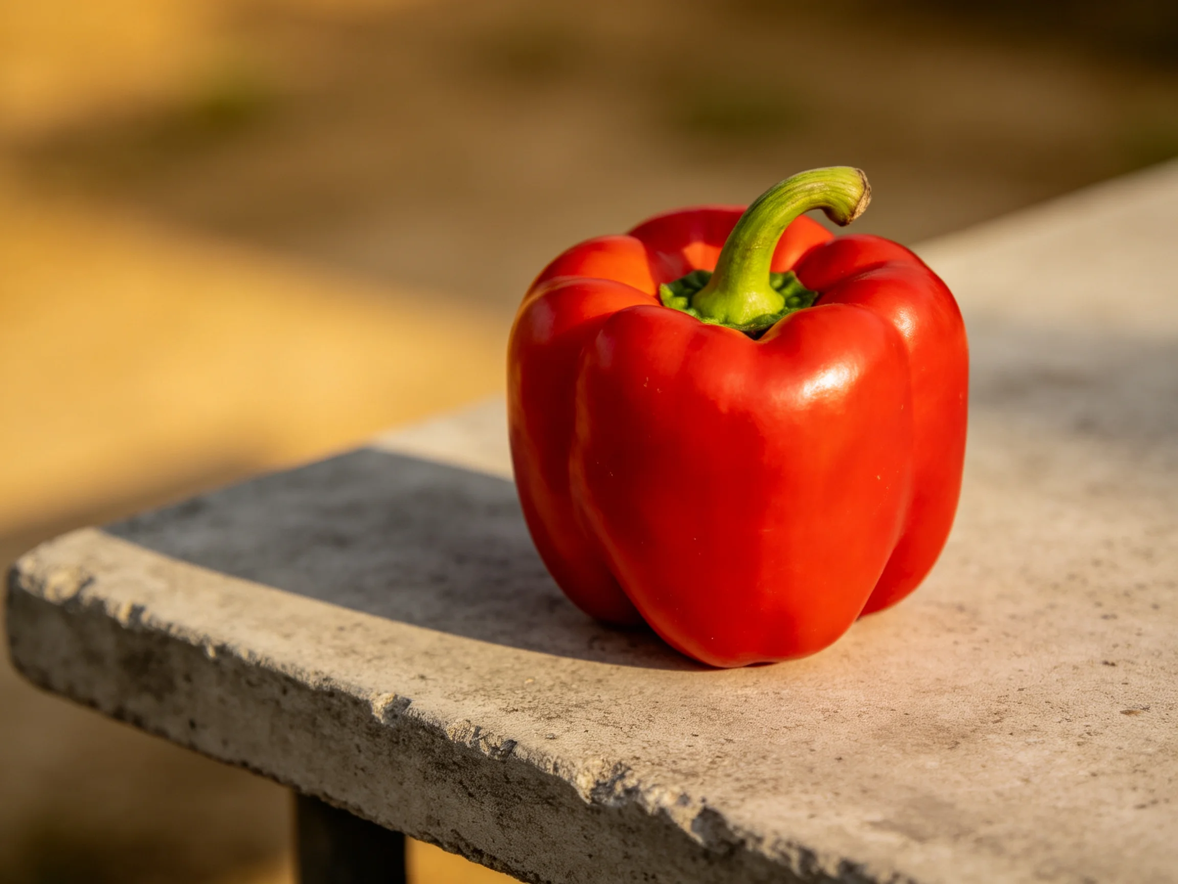A vibrant red bell pepper rests on a textured concrete surface