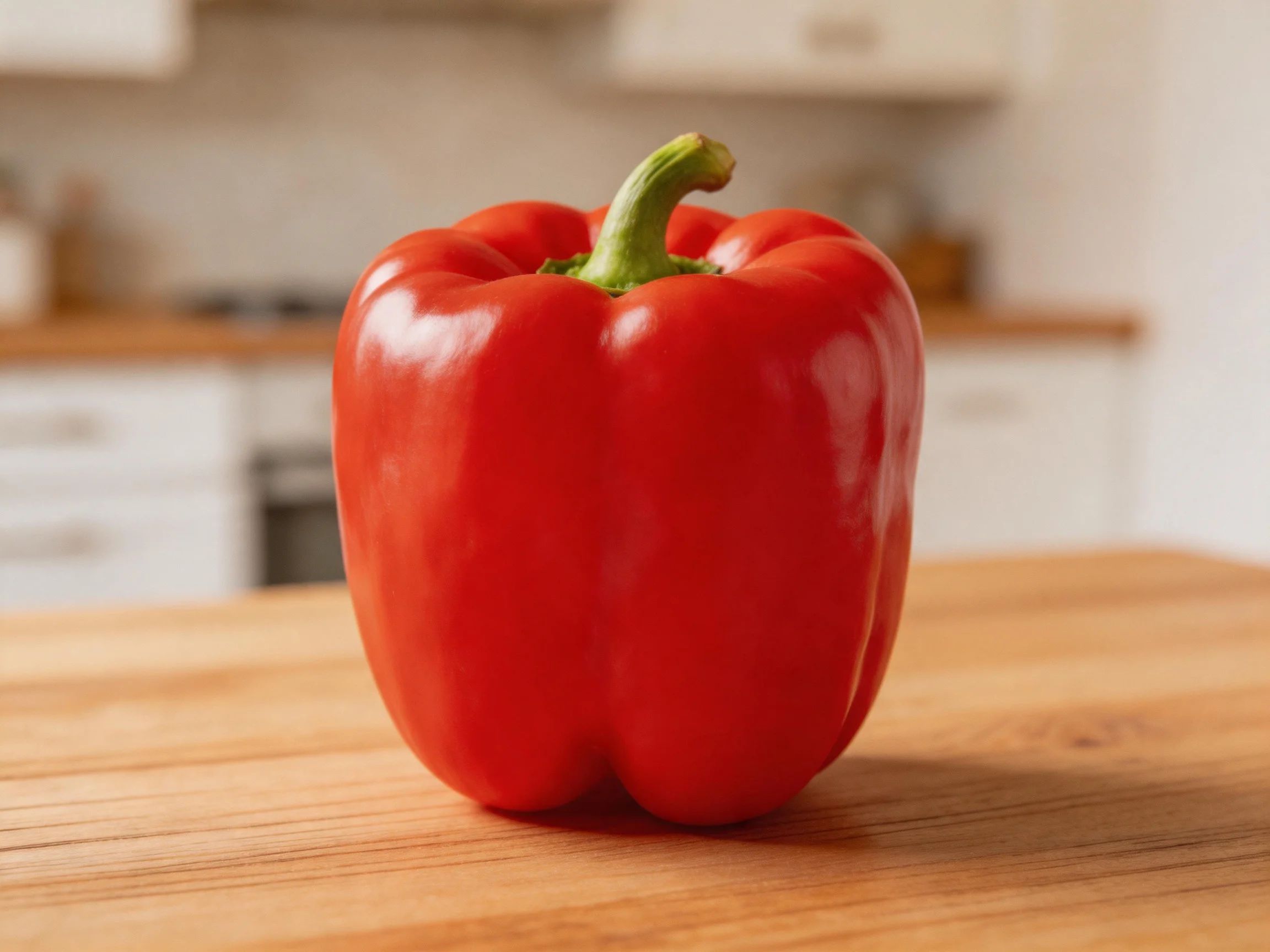 A vibrant red bell pepper rests on a wooden surface in a well-lit kitchen