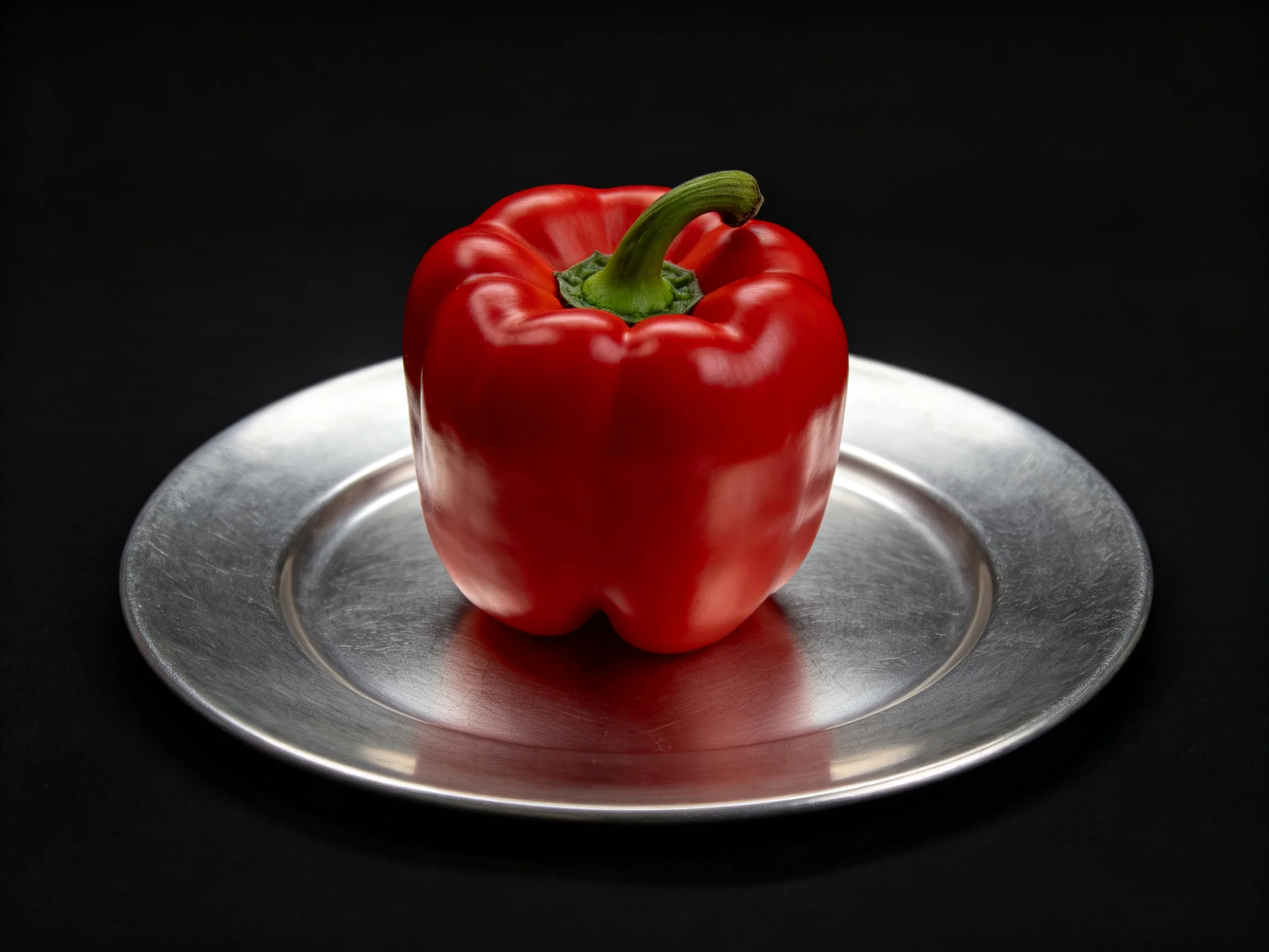 A vibrant red bell pepper sits atop a metallic silver plate