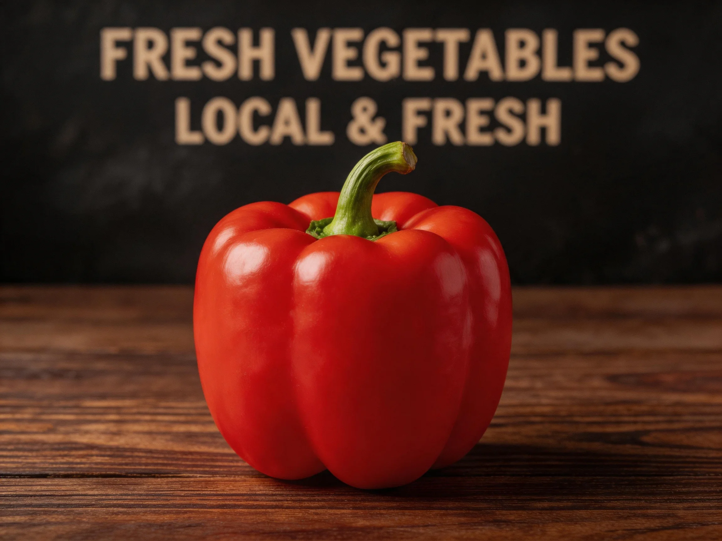 A vibrant red bell pepper sits atop a wooden surface with fresh vegetables signage