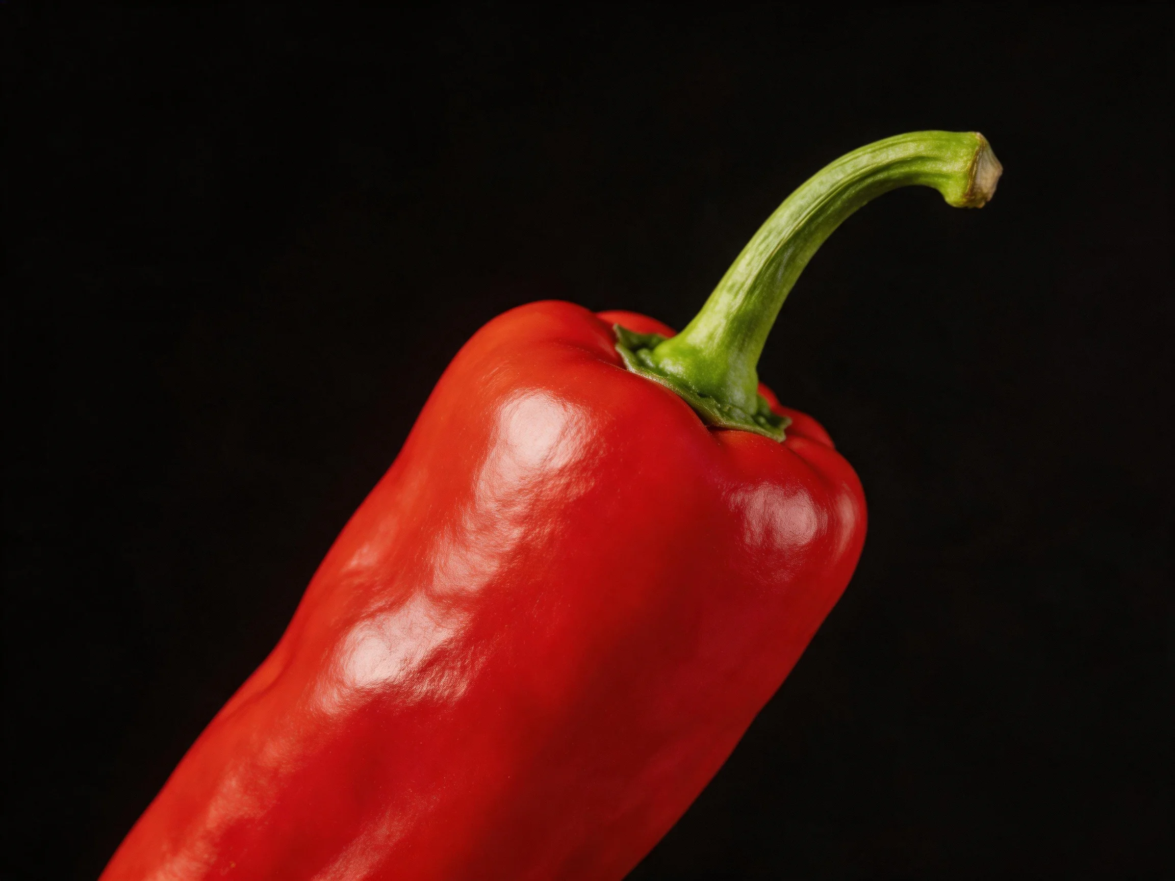A vibrant red bell pepper with a curved green stem against a solid black backdrop