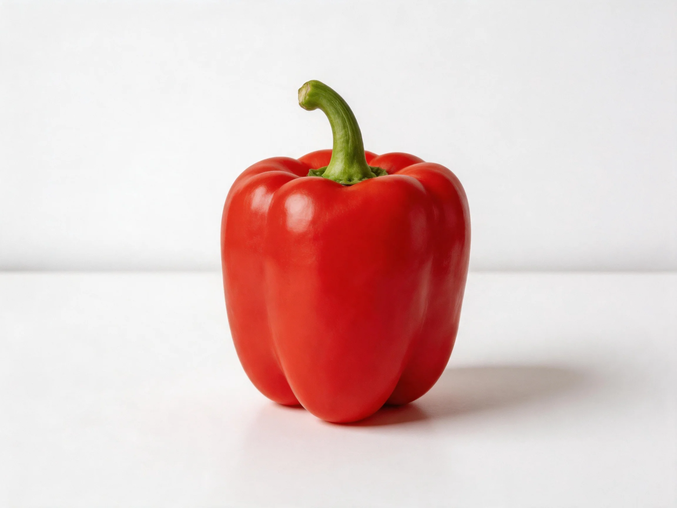 A vibrant red bell pepper with a curved green stem centered on a white surface