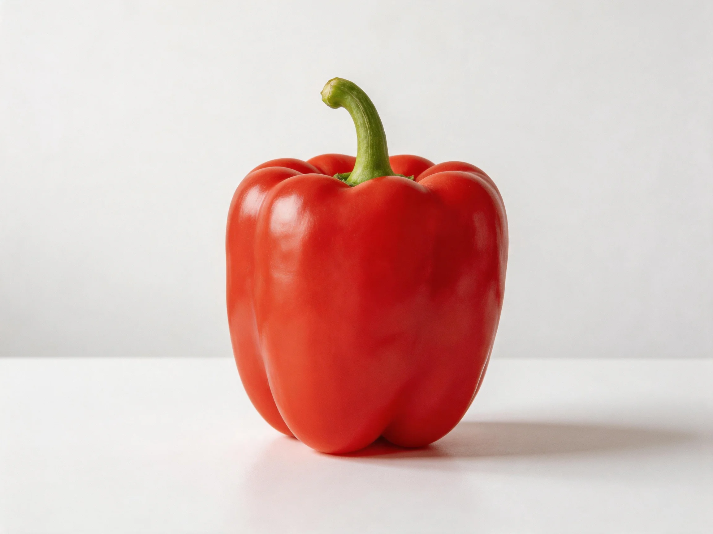 A vibrant red bell pepper with a curved green stem