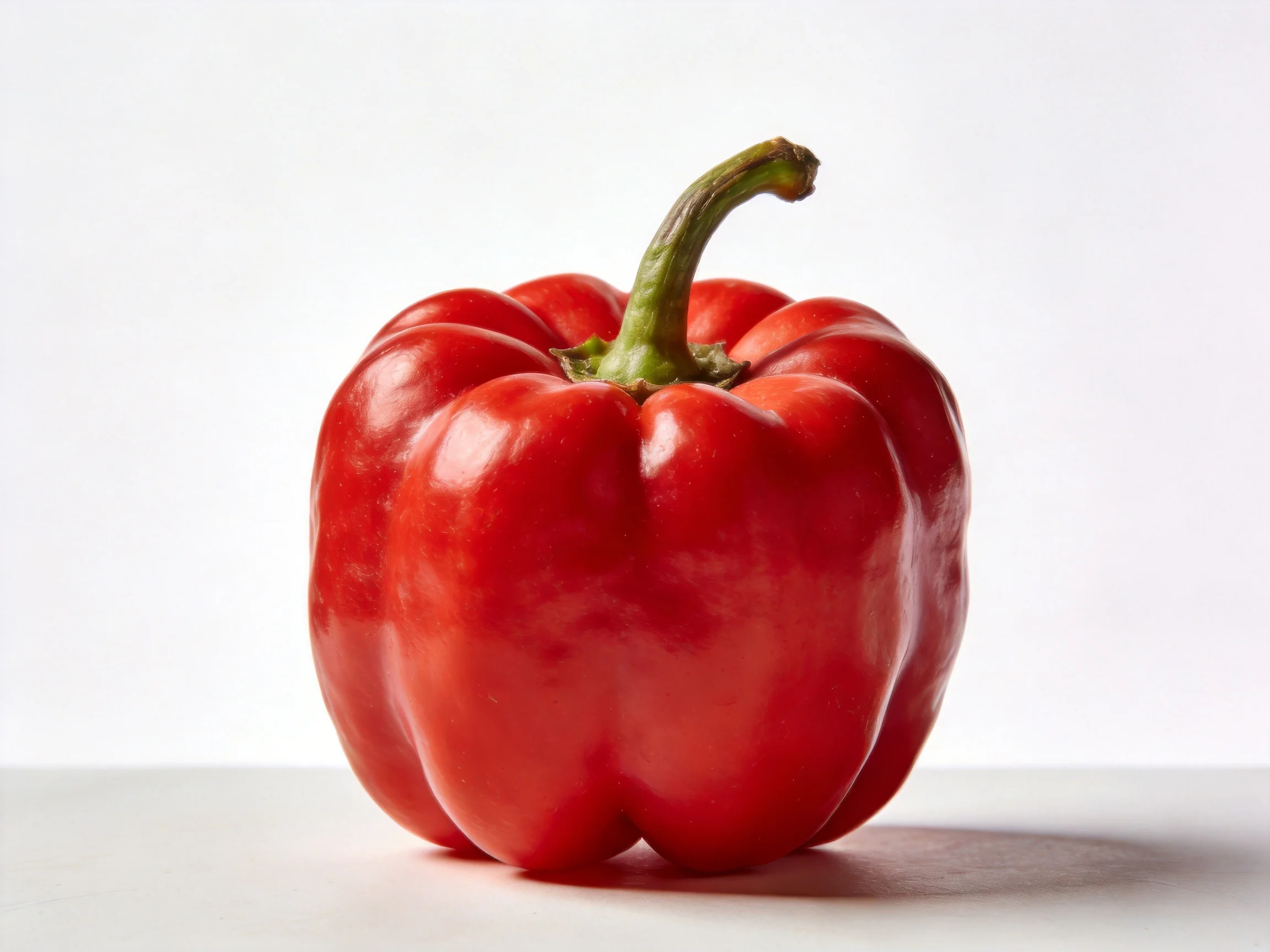 A vibrant red bell pepper with a curved green stem