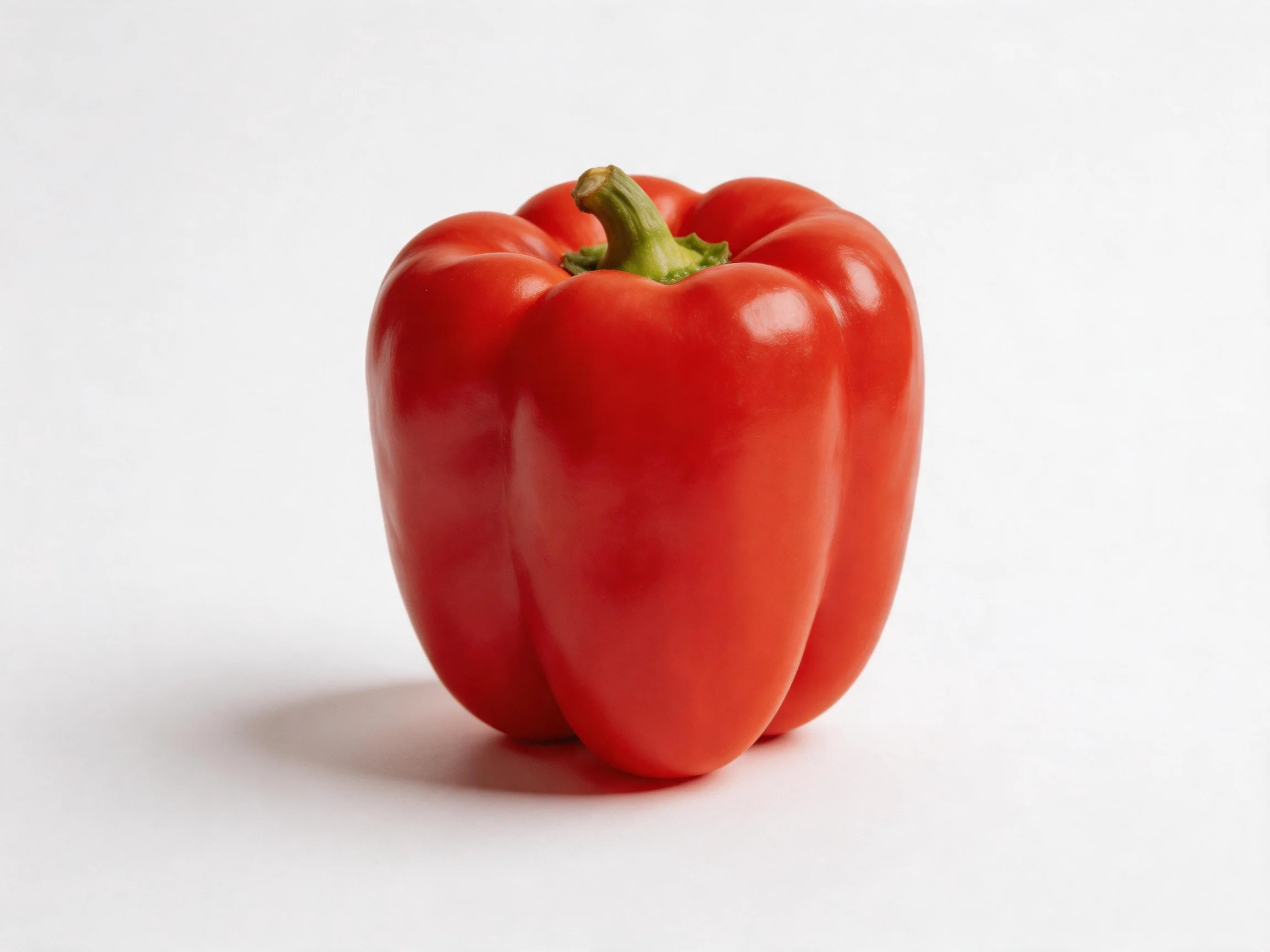 A vibrant red bell pepper with a green stem on a plain white background