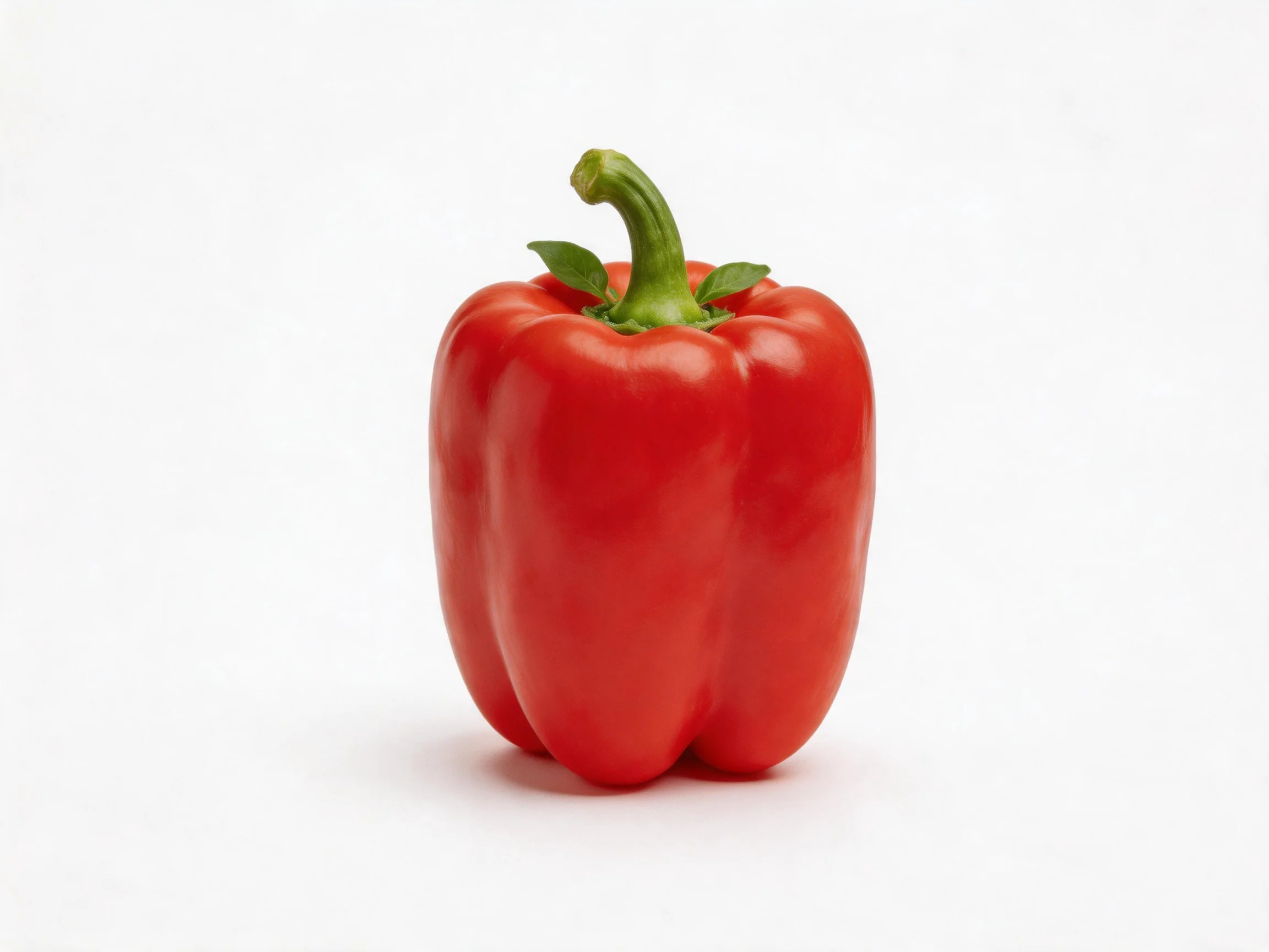A vibrant red bell pepper with curved green stem and small leaves