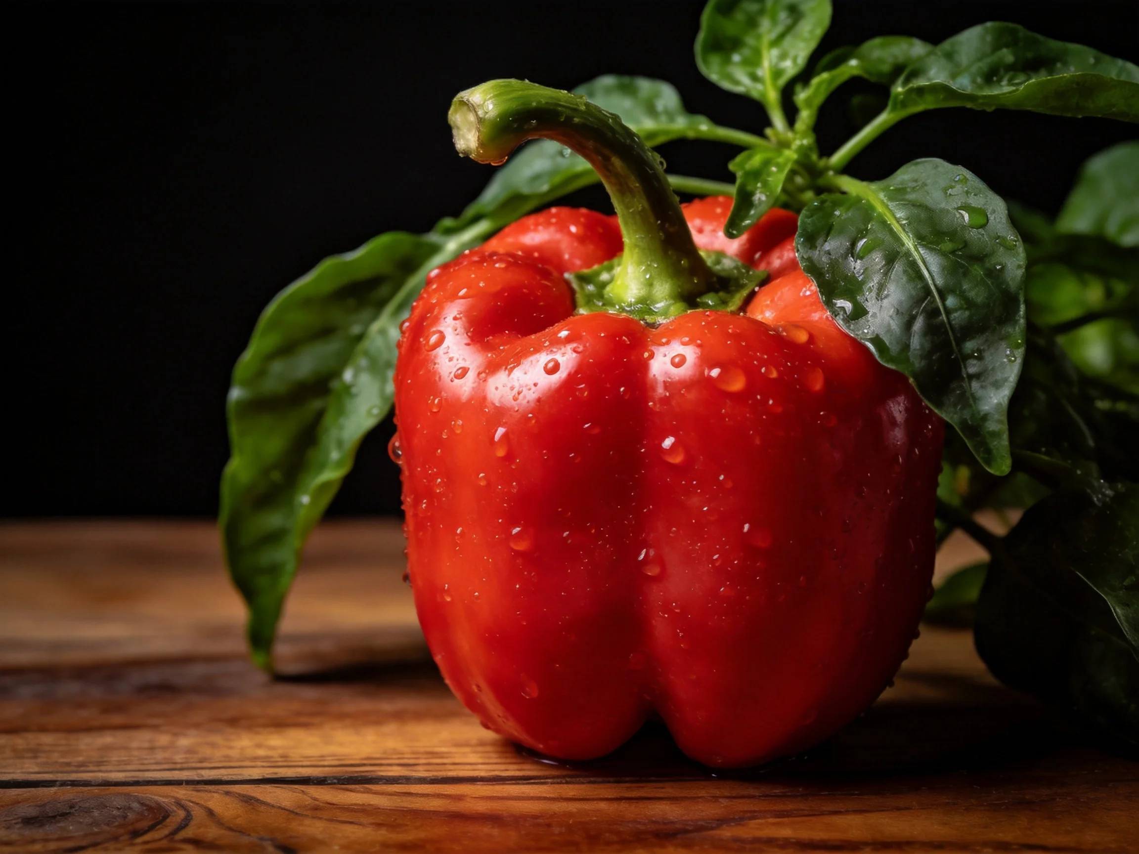 A vibrant red bell pepper with dewy leaves on a wooden surface