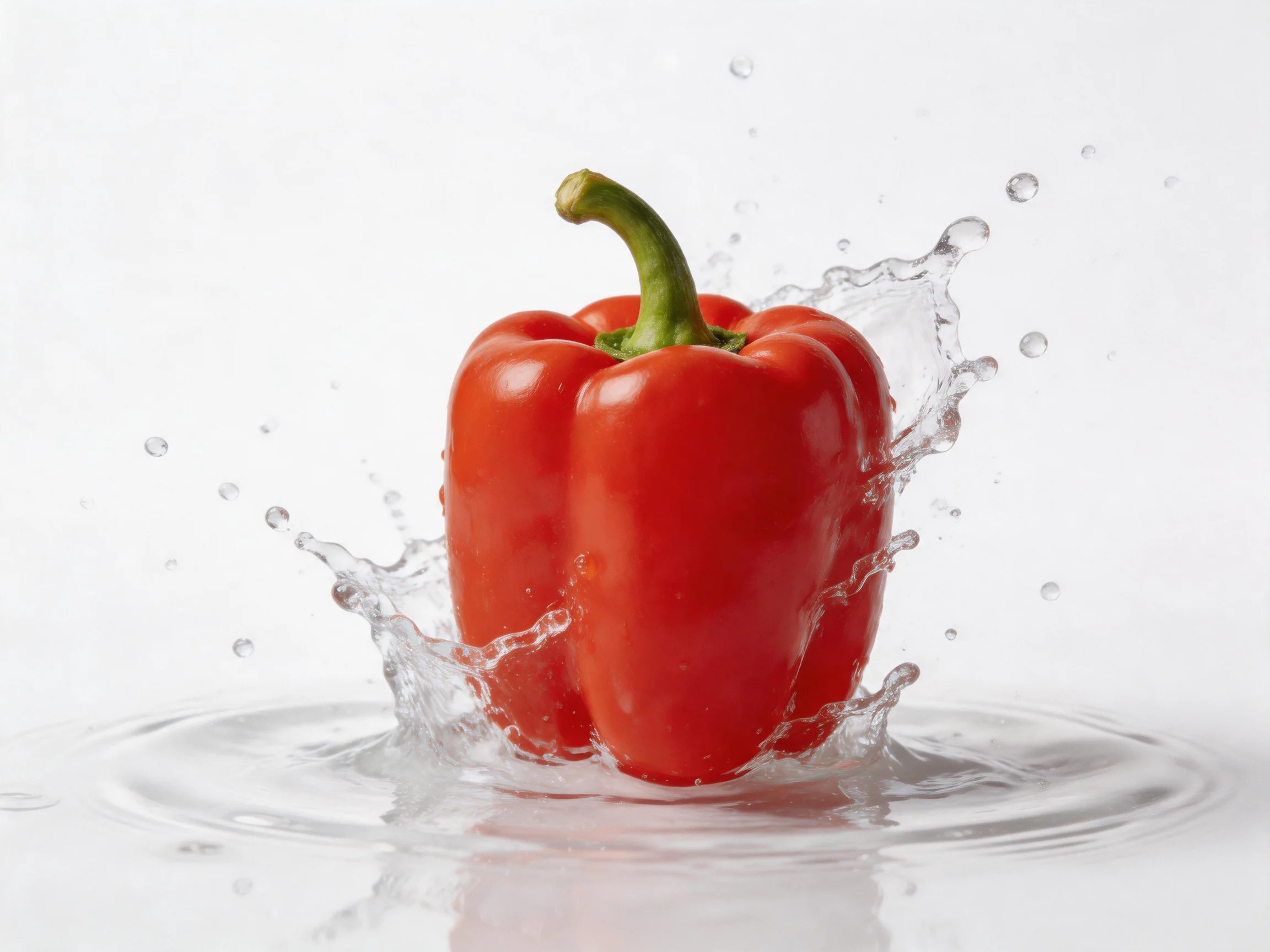 A vibrant red bell pepper with dynamic water splash