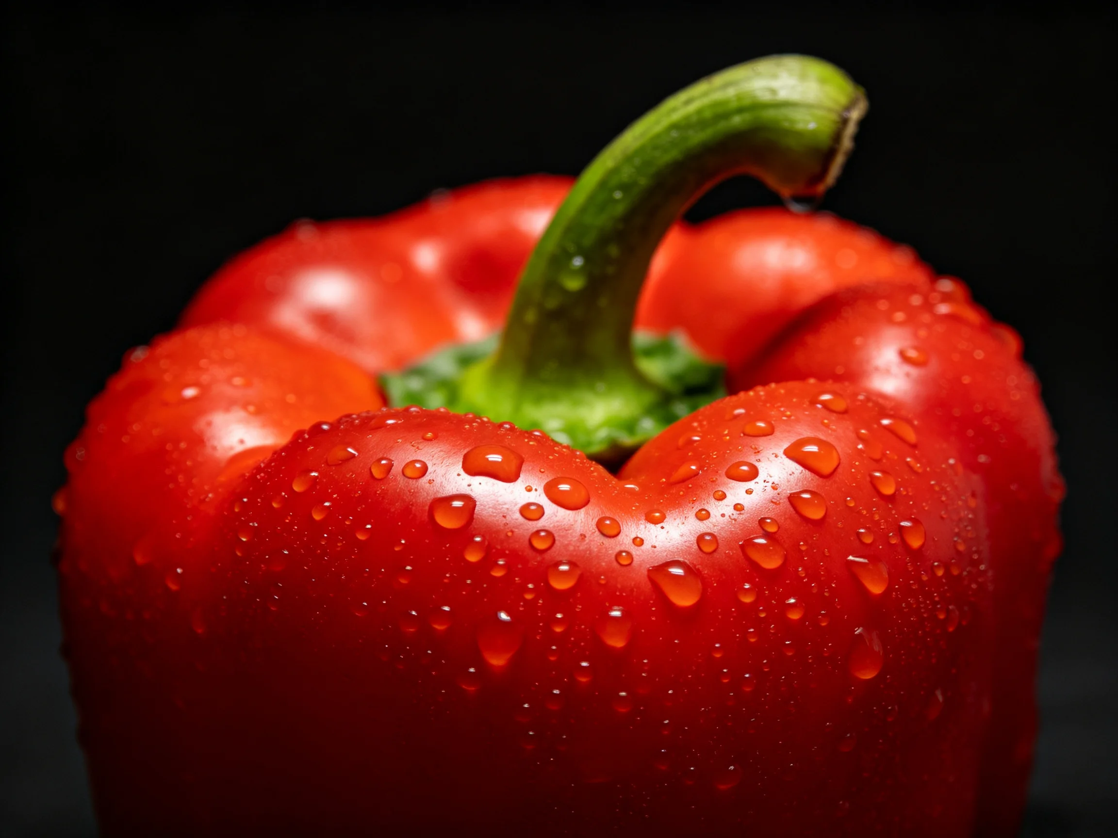 A vibrant red bell pepper with glistening water droplets and a curved green stem