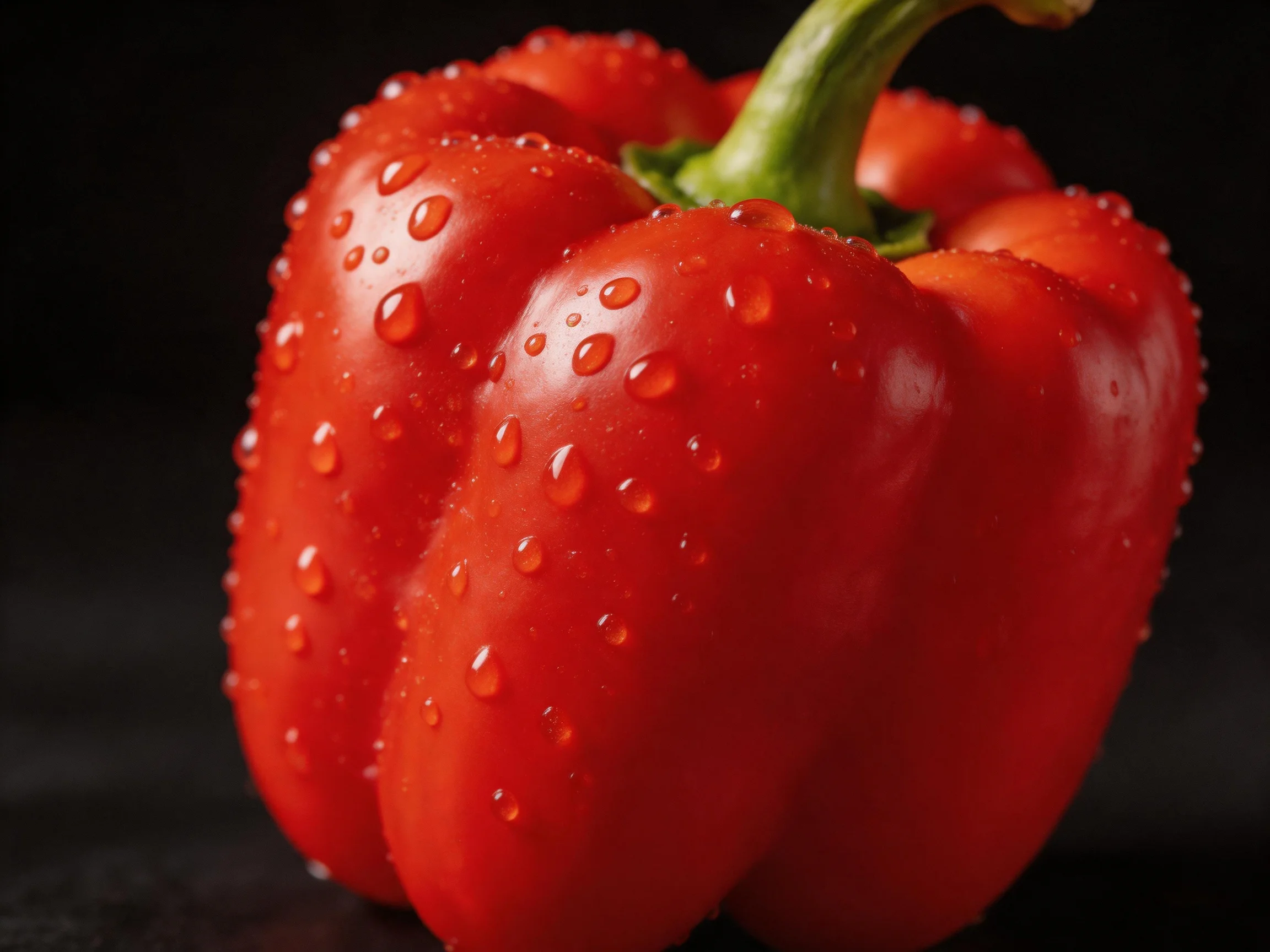 A vibrant red bell pepper with glistening water droplets