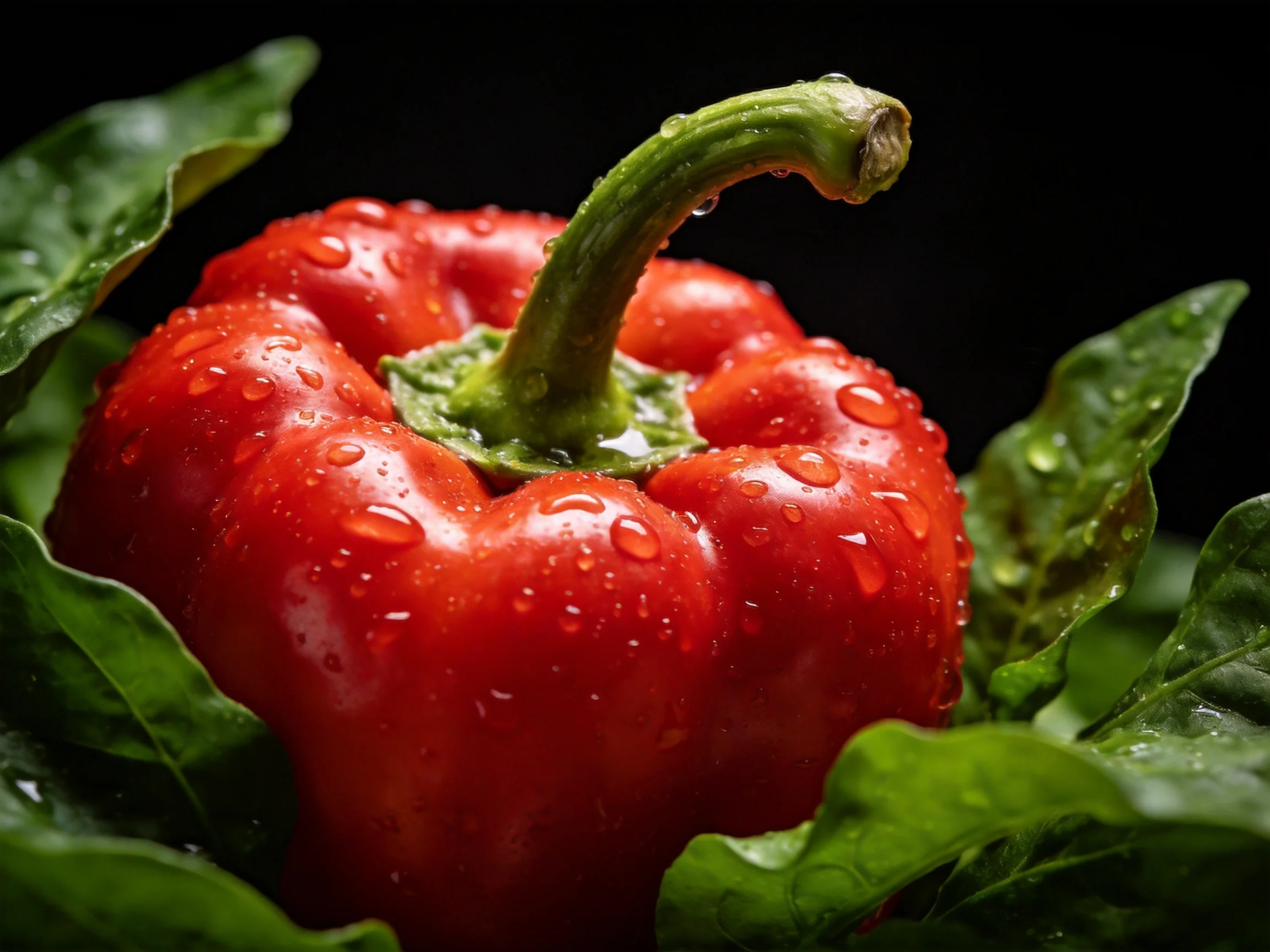 A vibrant red bell pepper with water droplets surrounded by fresh green leaves