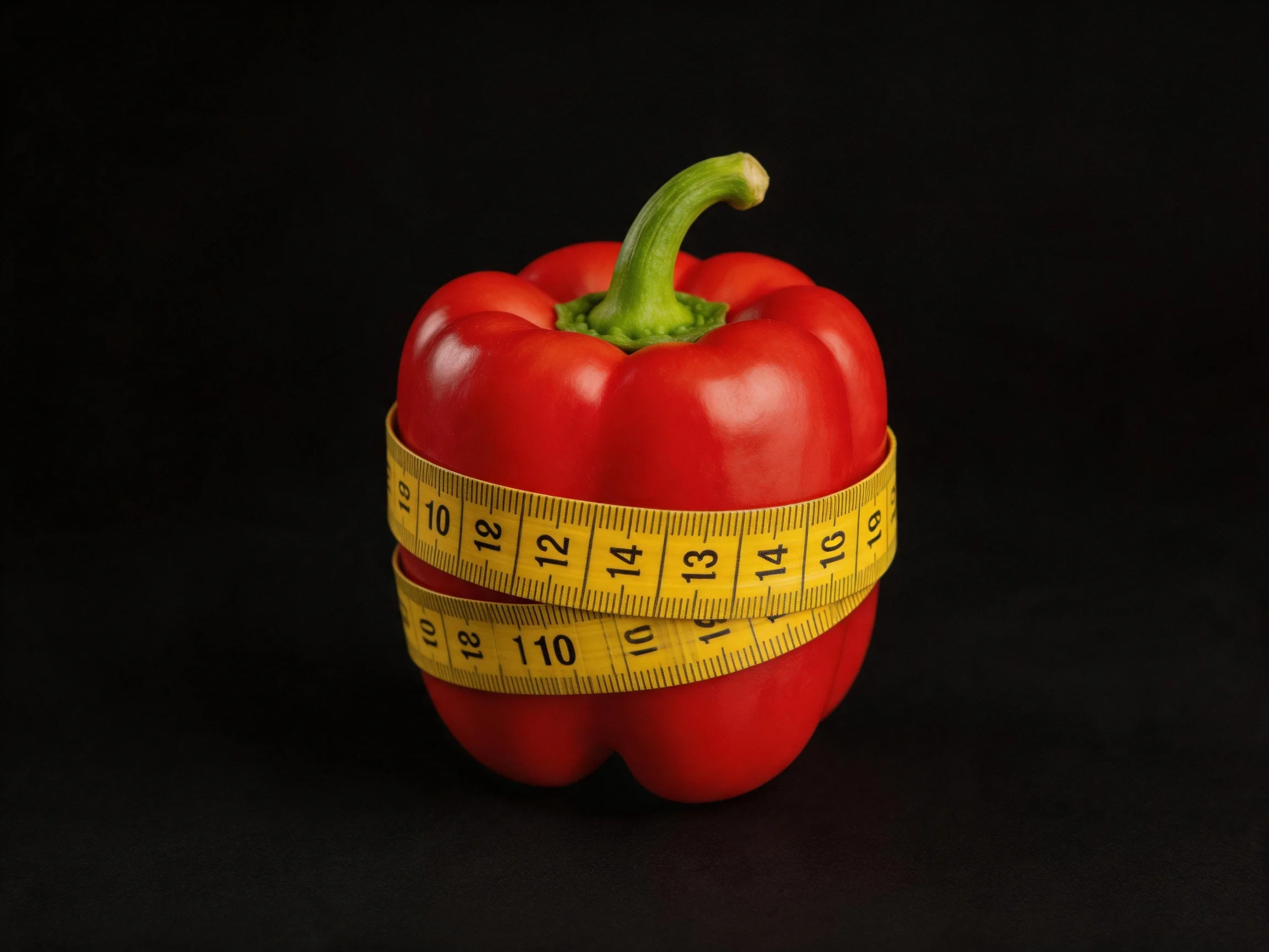 A vibrant red bell pepper wrapped in a yellow measuring tape on a black background