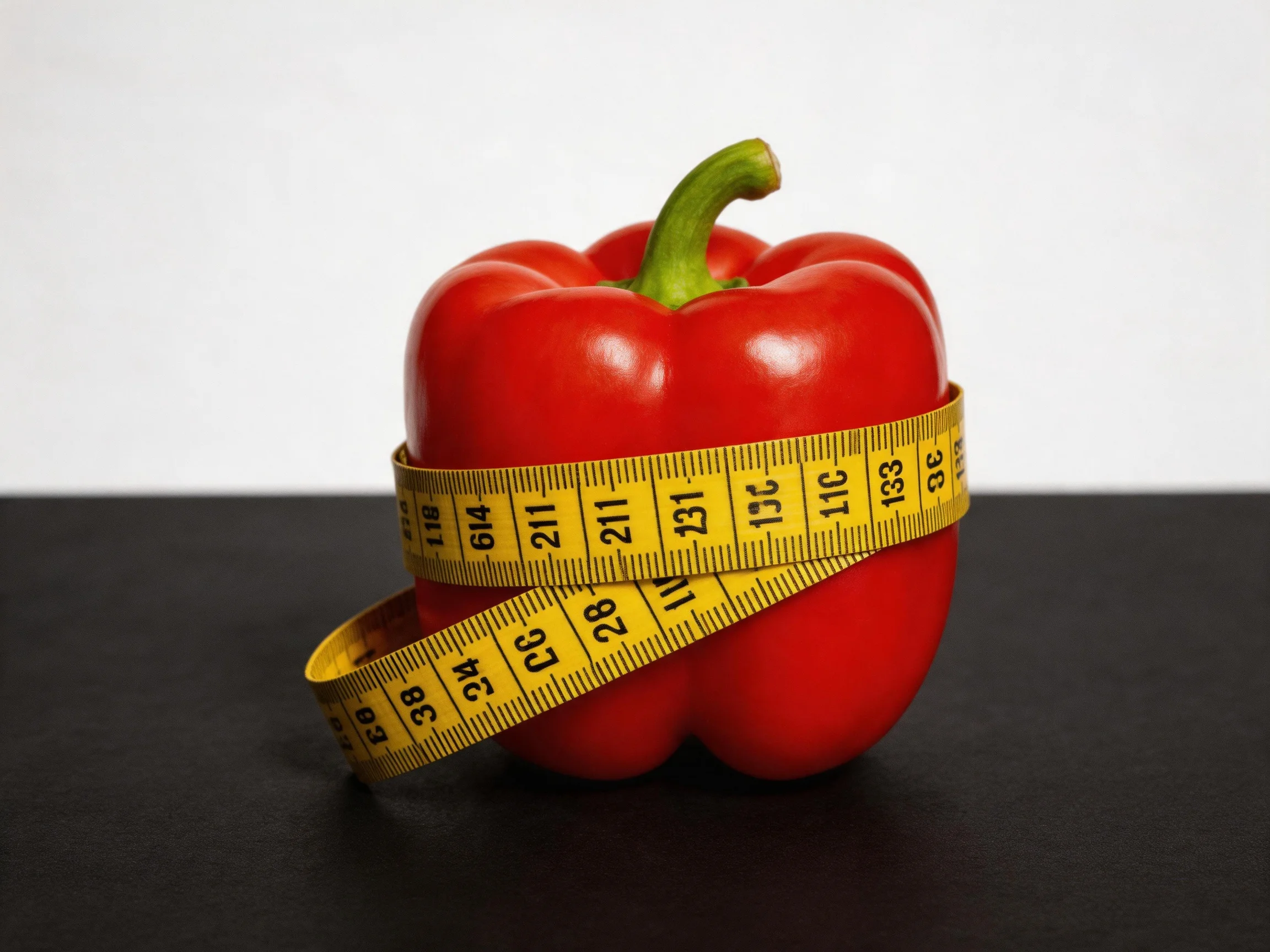 A vibrant red bell pepper wrapped with a yellow measuring tape
