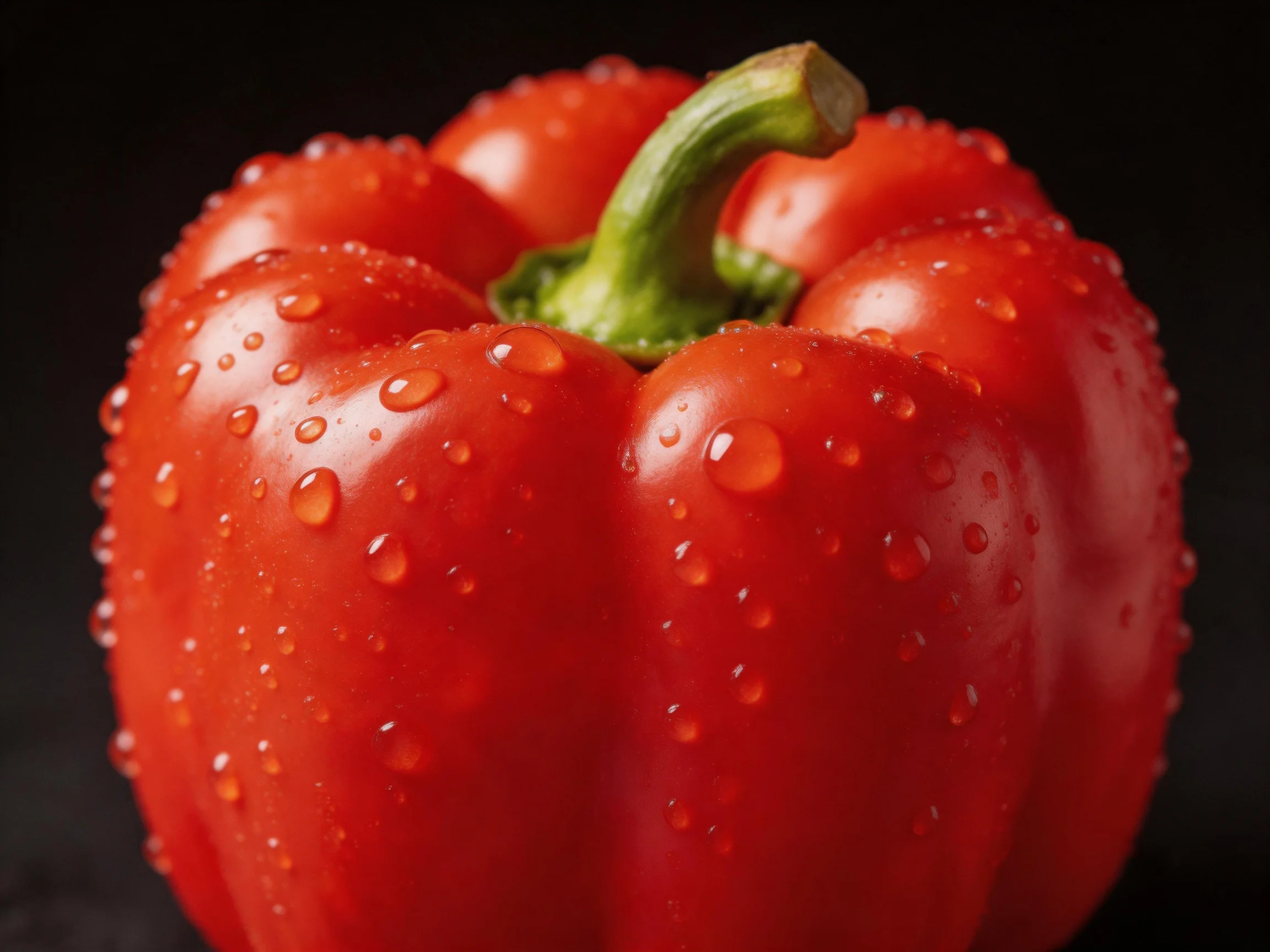 A vibrant red bell pepperwith glistening water droplets against a dark backdrop