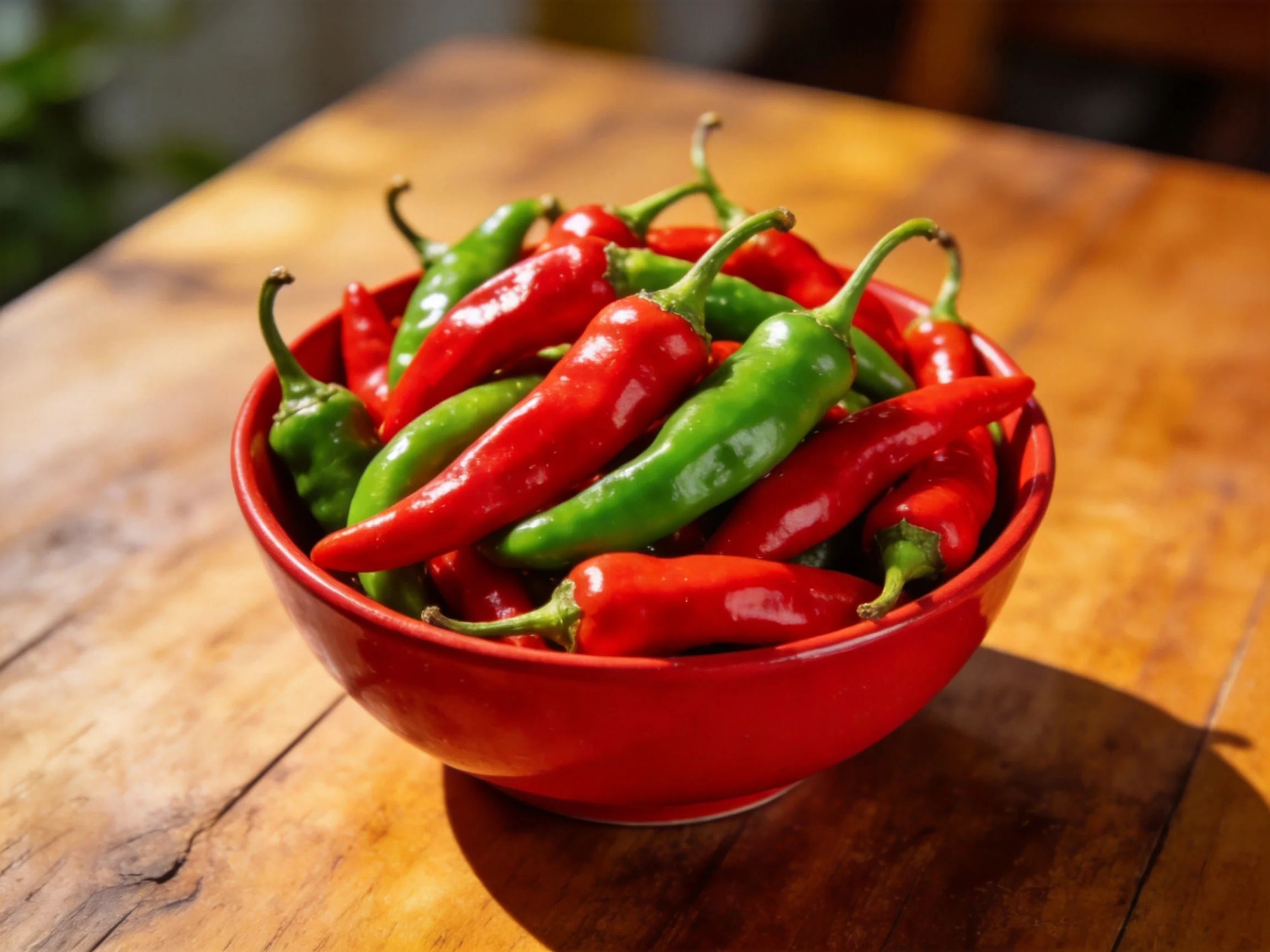 A vibrant red bowl brimming with red and green chili peppers on a wooden table